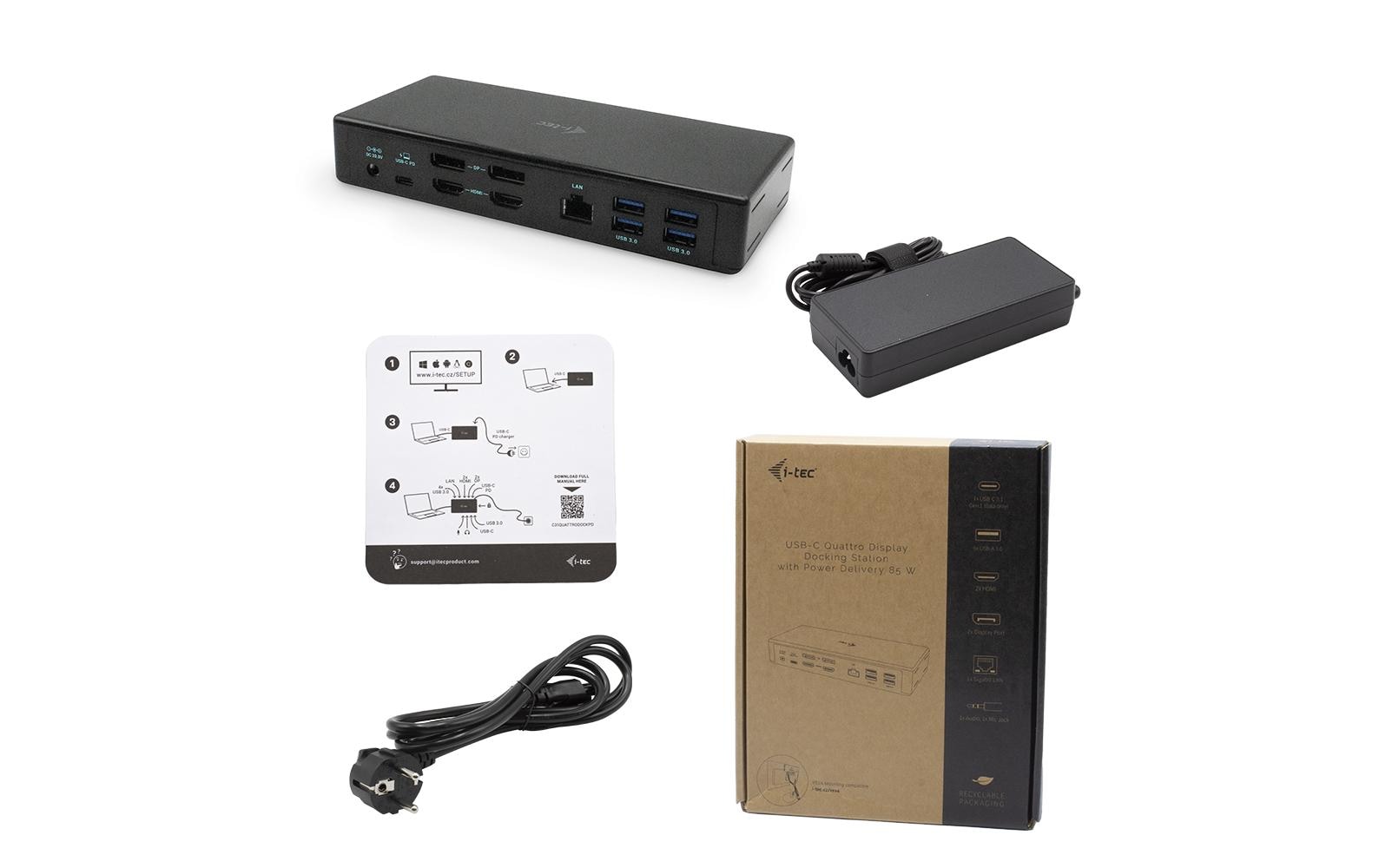 i-tec Quattro Dockingstation – USB-C, 2× DP, 2× HDMI, 5× USB-A, 2× USB-C, 85 W PD, GbE, für Windows/Mac/Linux