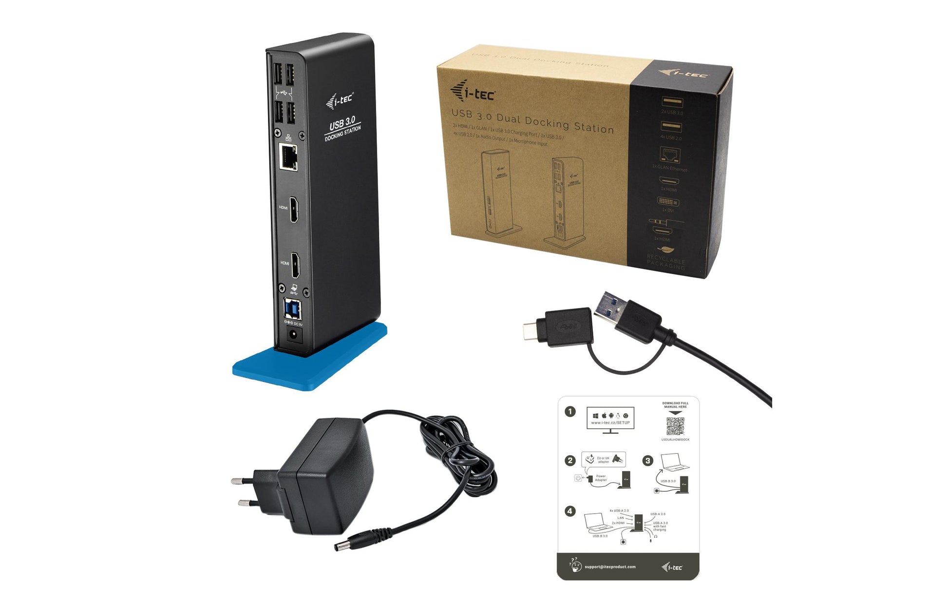 i-tec Dockingstation – USB-A, 2× HDMI, 6× USB-A, 3,5 mm Audio, GbE, für Windows/Mac/Linux