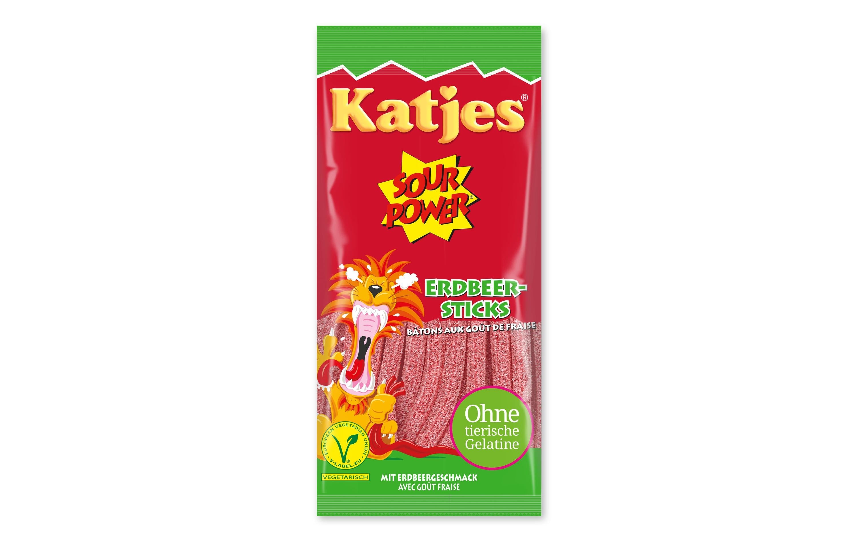 Katjes Sour Power Fruchtgummibänder – Erdbeer-Sticks – 100 g
