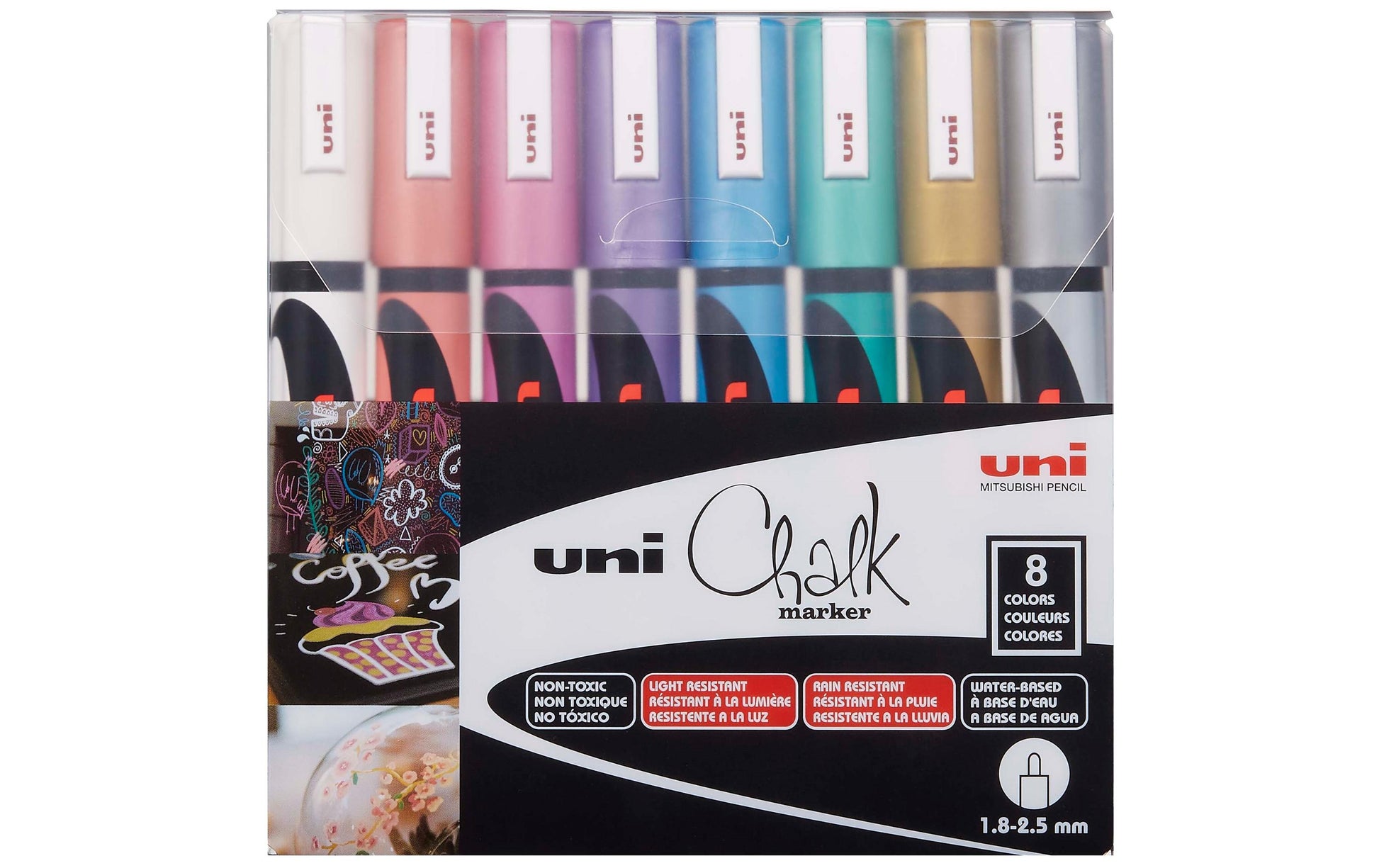 Uni-Ball PWE-5M Kreidemarker – Keilspitze 1,8–2,5 mm – 8er-Set, Gemischte Farben