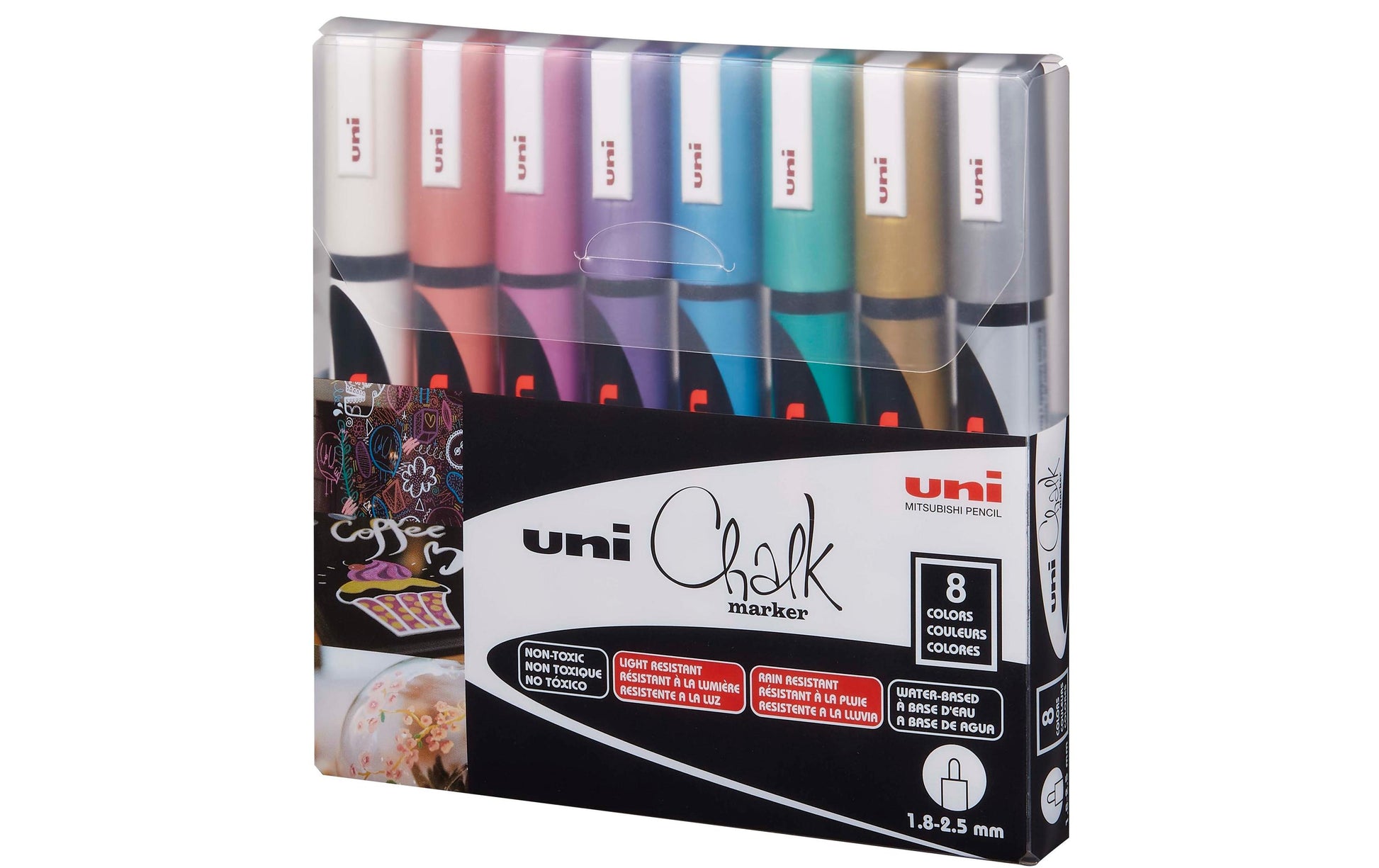 Uni-Ball PWE-5M Kreidemarker – Keilspitze 1,8–2,5 mm – 8er-Set, Gemischte Farben