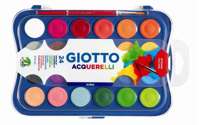 Giotto Aquarellfarben (Kasten) – 24 Farben – Kunststoffkasten, inkl. Pinsel