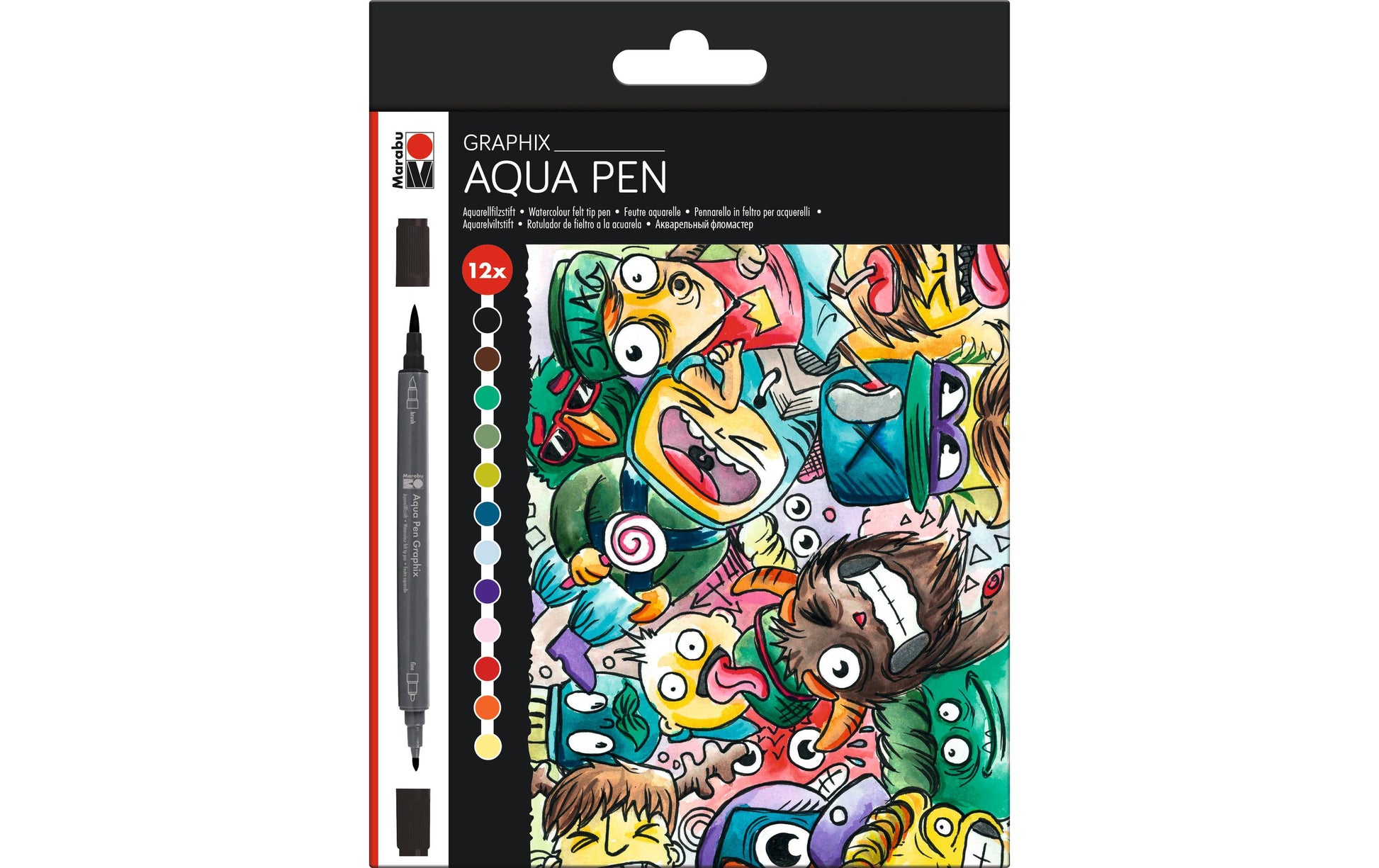Marabu Aqua Pen Graphix Filzstifte, Doppelspitze – Feine Spitze, wasservermalbar, 12 Farben
