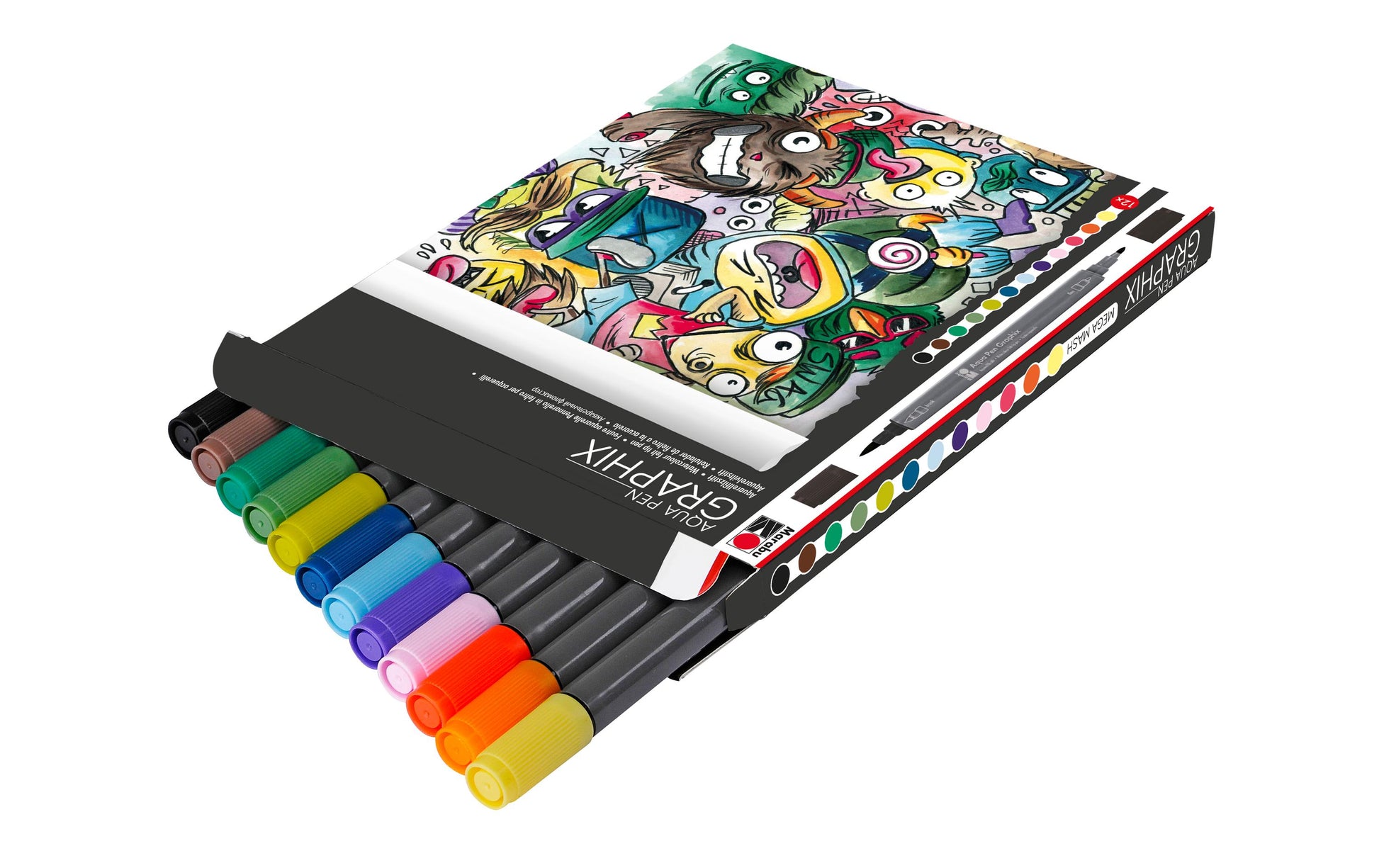 Marabu Aqua Pen Graphix Filzstifte, Doppelspitze – Feine Spitze, wasservermalbar, 12 Farben