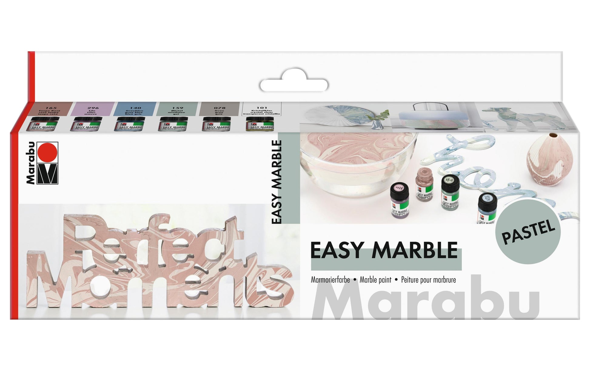 Marabu Easy Marble Marmorierfarbe – Pastell, Mehrfarbig – 6 Farben (6×15 ml, 90 ml)