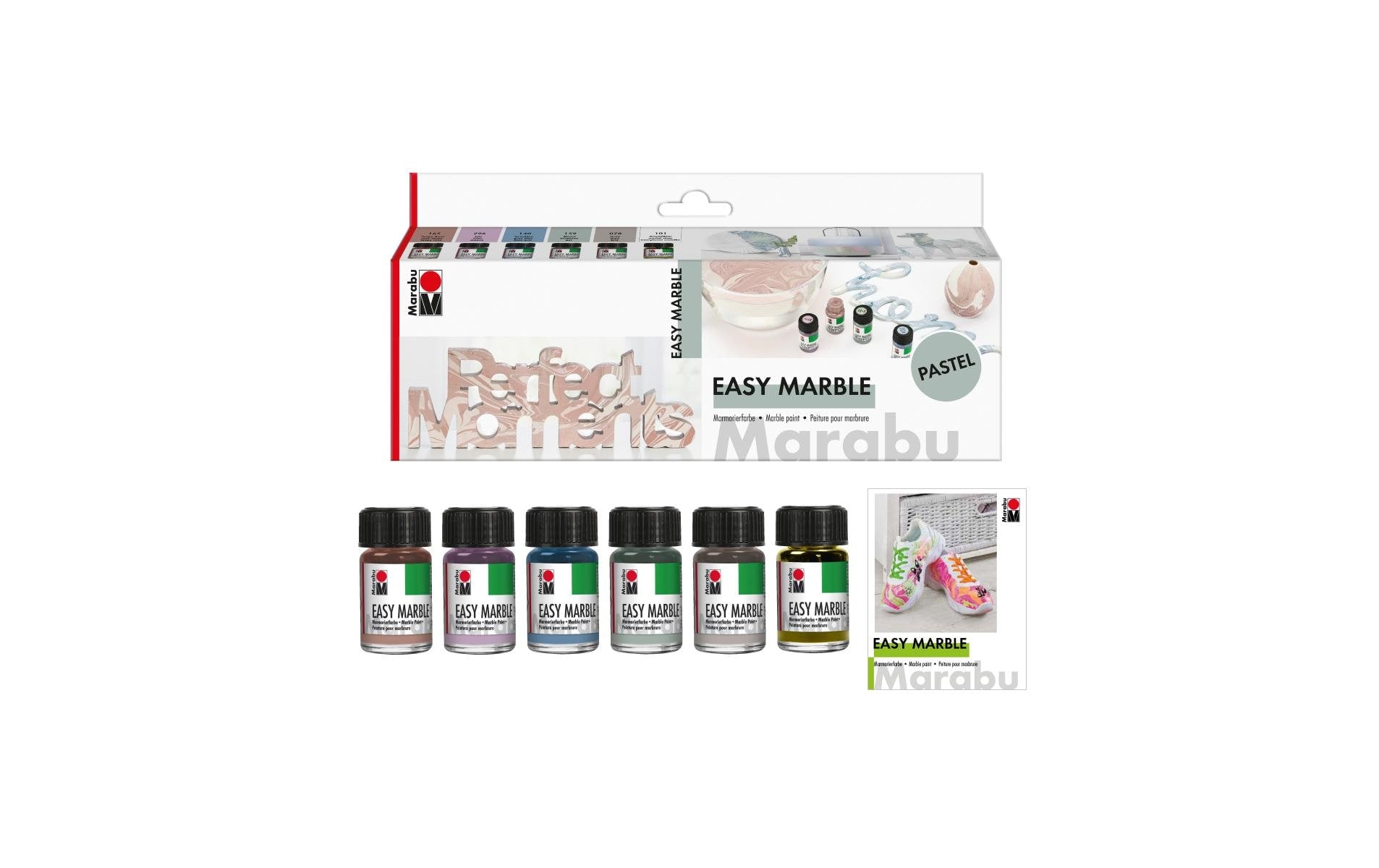 Marabu Easy Marble Marmorierfarbe – Pastell, Mehrfarbig – 6 Farben (6×15 ml, 90 ml)