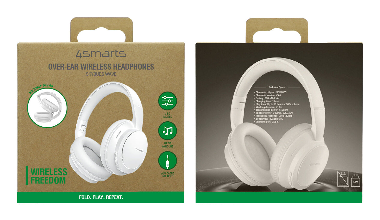 4smarts SkyBuds Wave Over-Ear Kopfhörer – Kabel + BT, 3,5 mm Klinke, USB-C, Weiss, BT 5.4