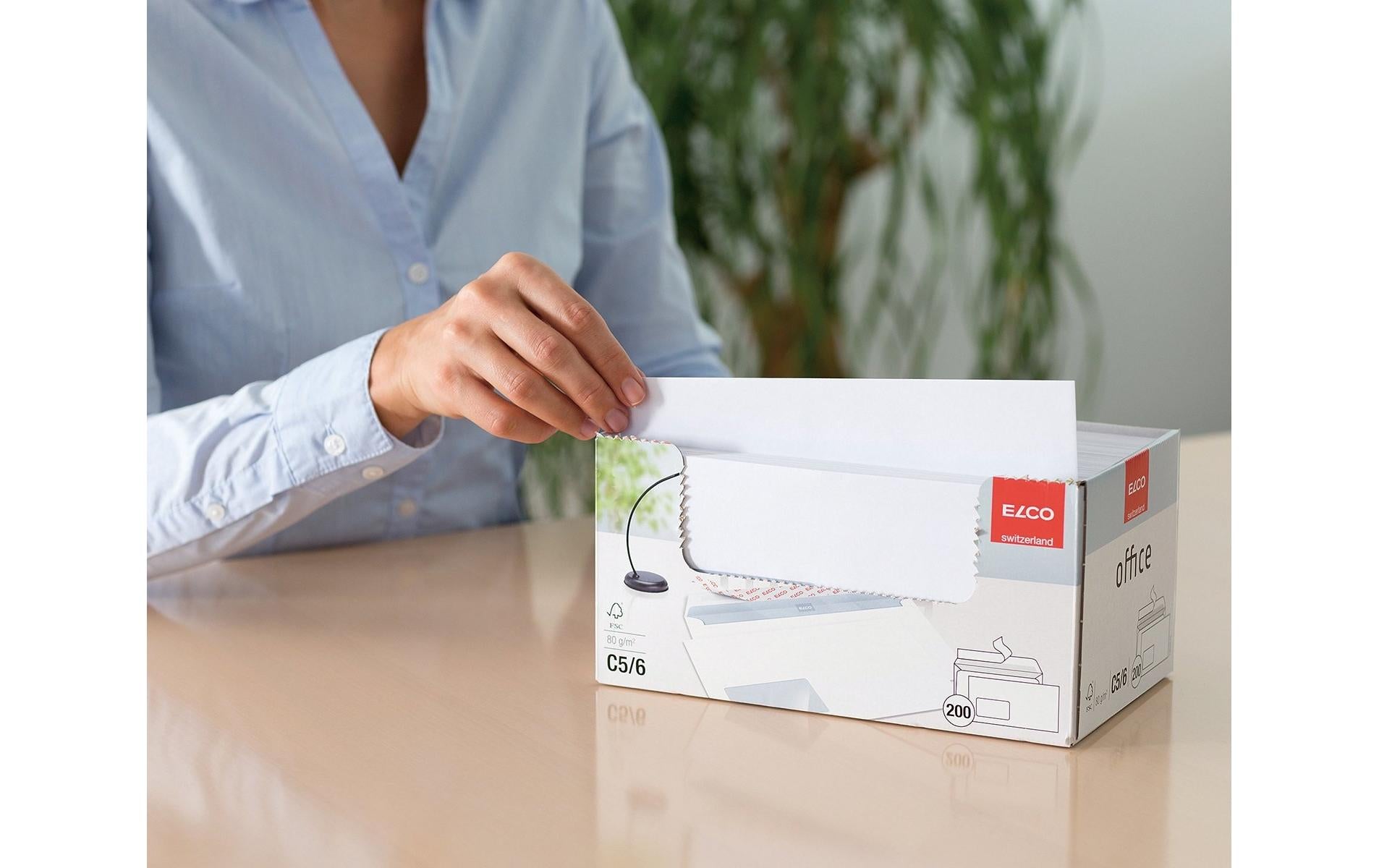 Elco Couvert C5/6, Fenster links, Haftklebung, hochweiss, 80 g/m², mit Innendruck – 200 Stk.