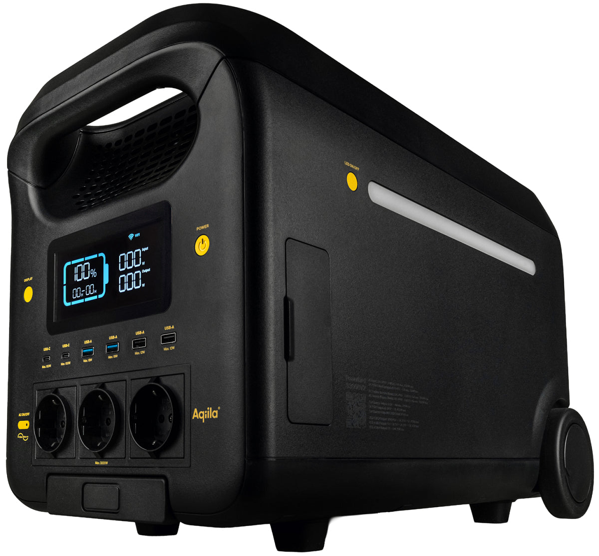 Aqiila Powerbird S3000V2 – Powerstation, 2560 Wh, 5000 W AC, LiFePO4, 3× Schuko (Typ F), Räder, LCD