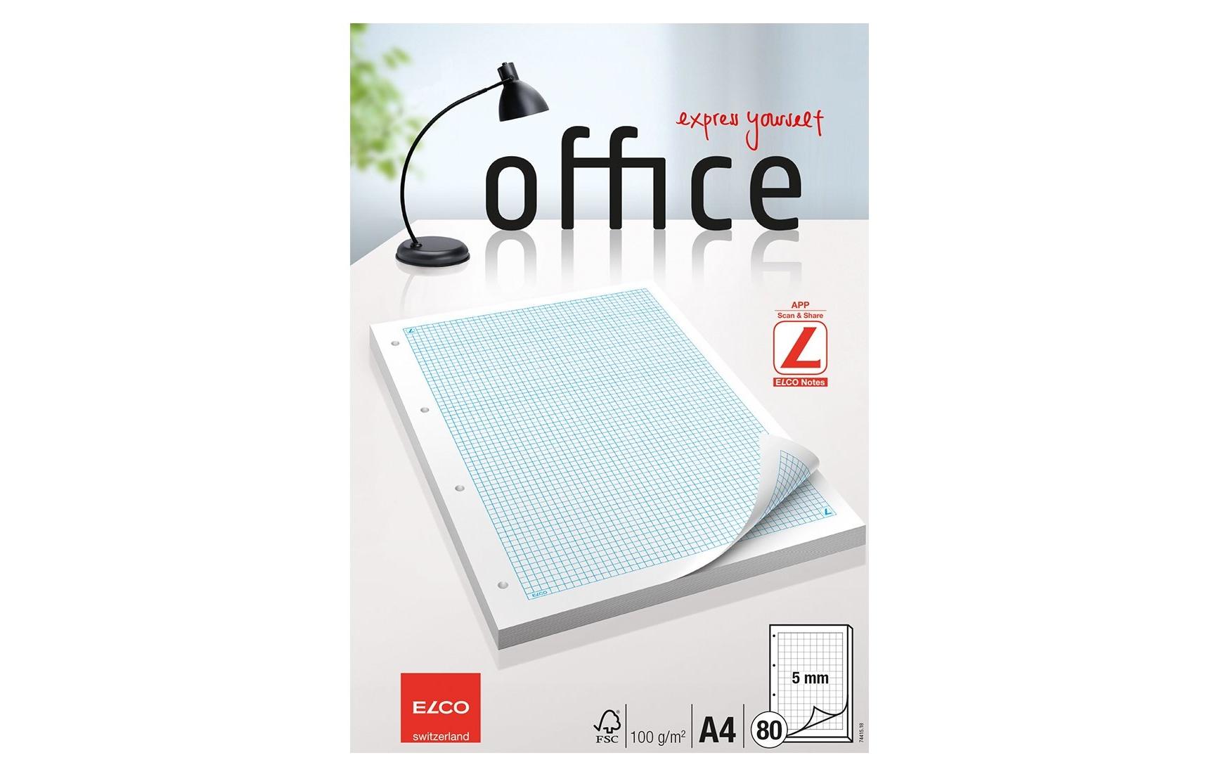 Elco Ringbuchblock A4, kariert, Leimbindung, 80 Blatt, 4-fach gelocht, 100 g/m² – weiss, für ELCO Notes-App