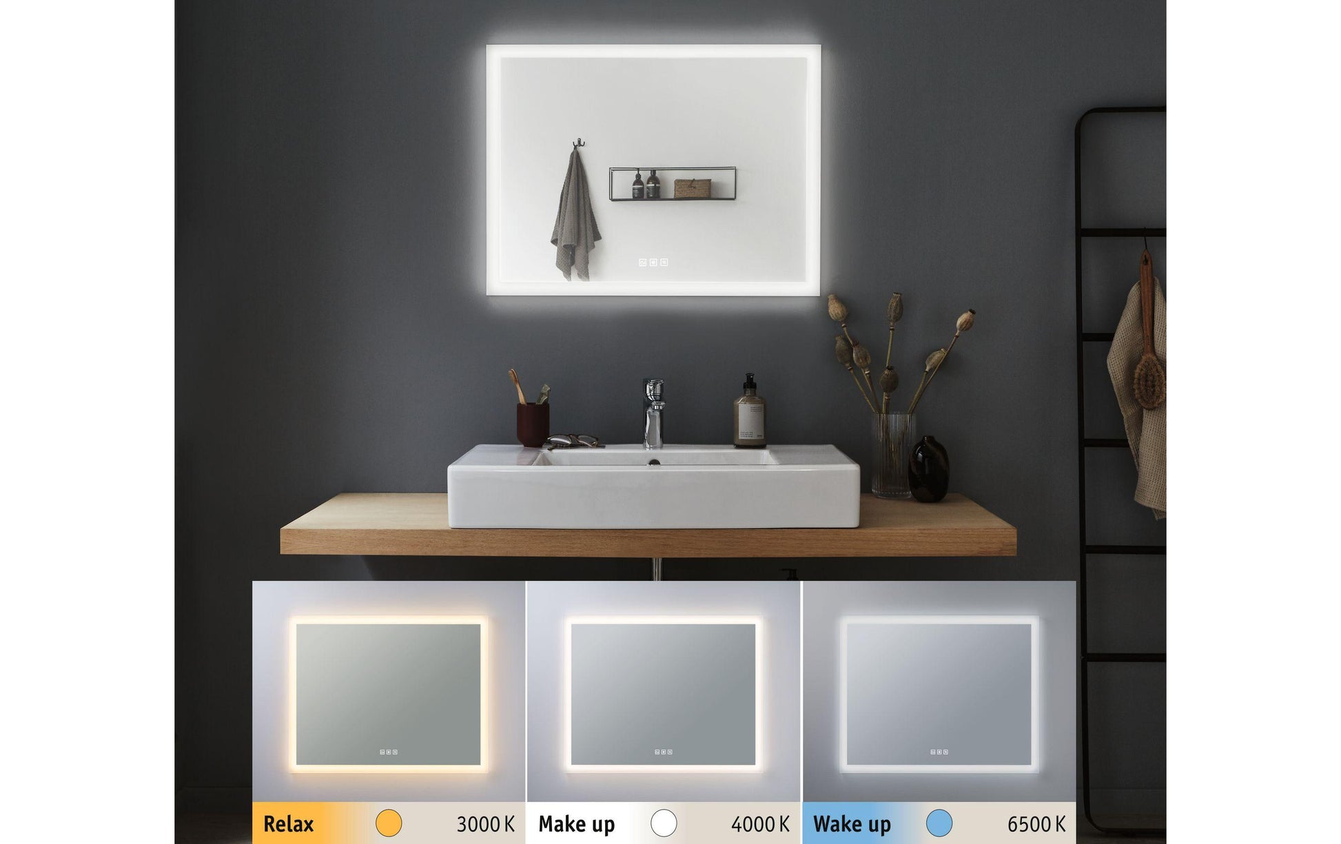 Paulmann Spiegel MIRRA – 60×80 cm, Metallrahmen, LED-Beleuchtung, IP44, Weiss