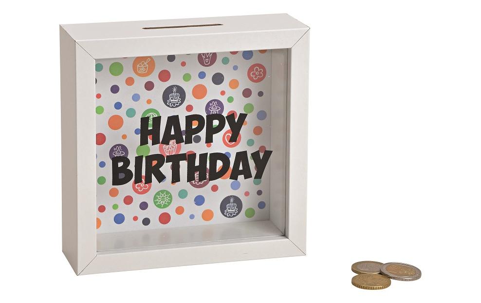 G. Wurm Sparbüchse Geburtstag – Holz & Glas, weiss – 15 × 15 × 5 cm