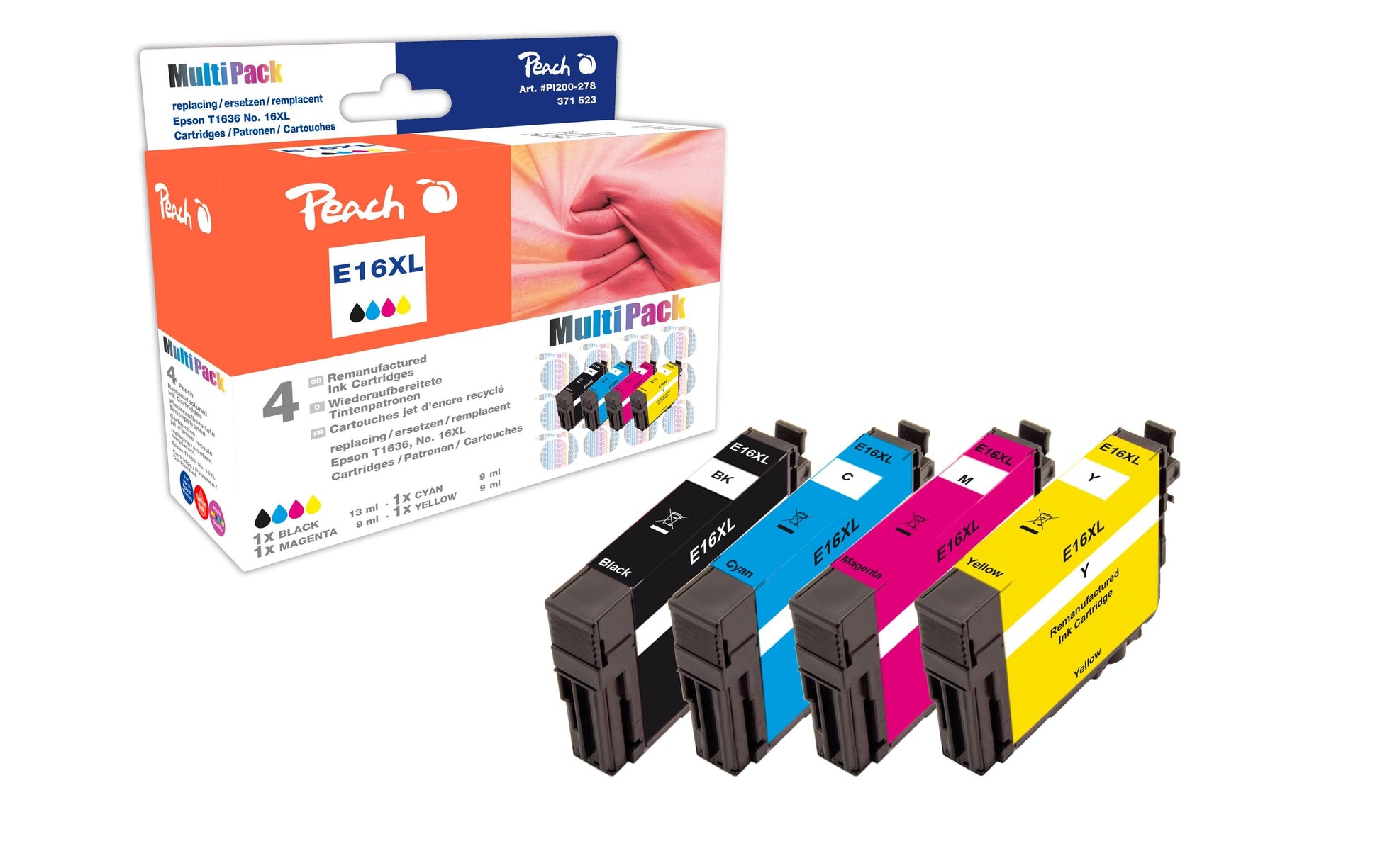 Peach 16XL Tintenpatronen-Multipack, Schwarz/Cyan/Magenta/Gelb (Kompatibel) – für Epson WorkForce WF-2760