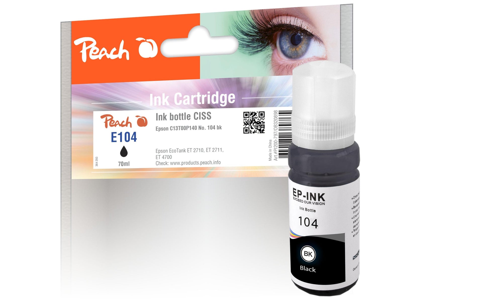 Peach 104 Schwarz Tintenpatrone (Kompatibel) – 70 ml – für Epson ET-2700/2750/2751, ET-3700/3750…