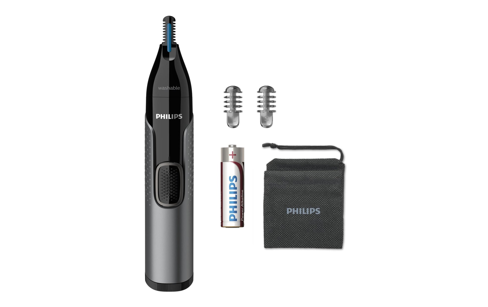 Philips Nasen- & Ohrenhaartrimmer NT3650/16 – batteriebetrieben, 1 × AA, wasserfest – grau, Edelstahlmesser