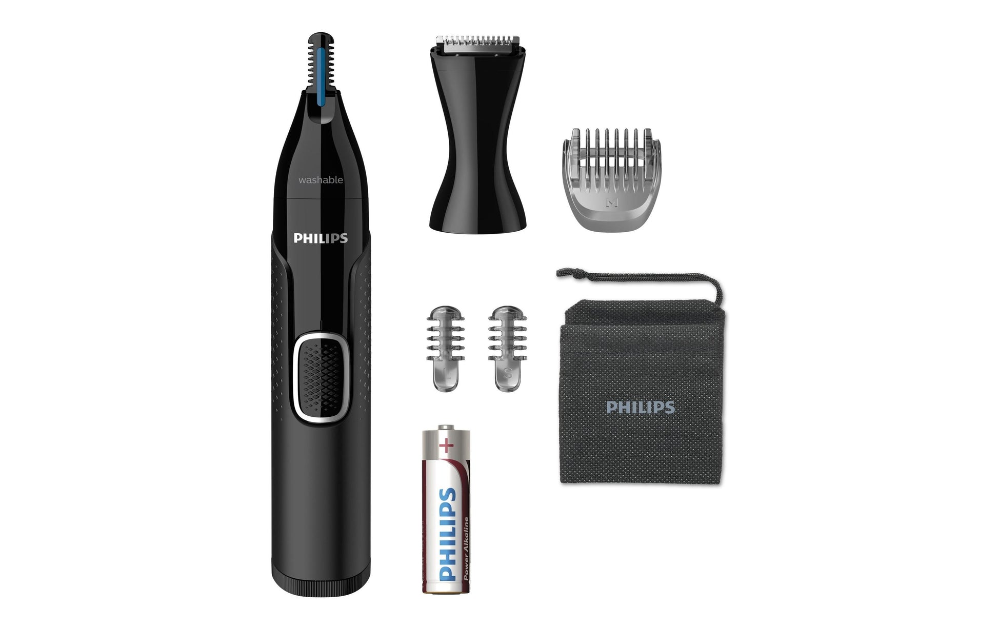 Philips Nasen- & Ohrenhaartrimmer NT5650/16 – 3 Kammaufsätze, batteriebetrieben – schwarz, Edelstahlmesser