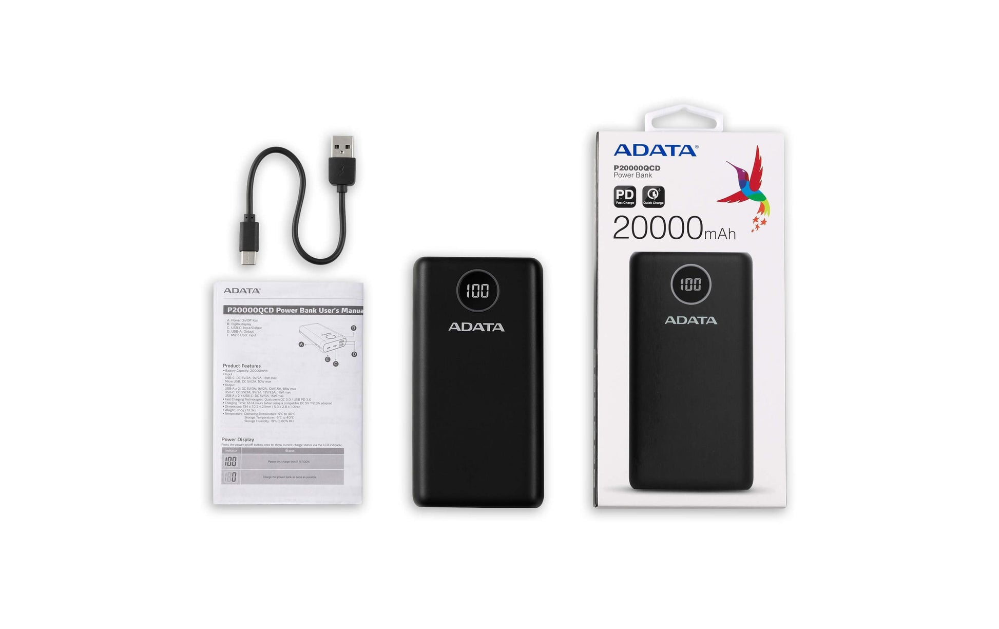 ADATA Powerbank 20000 mAh, PD 18 W, 2× USB-A, 1× USB-C, für Smartphones, Schwarz