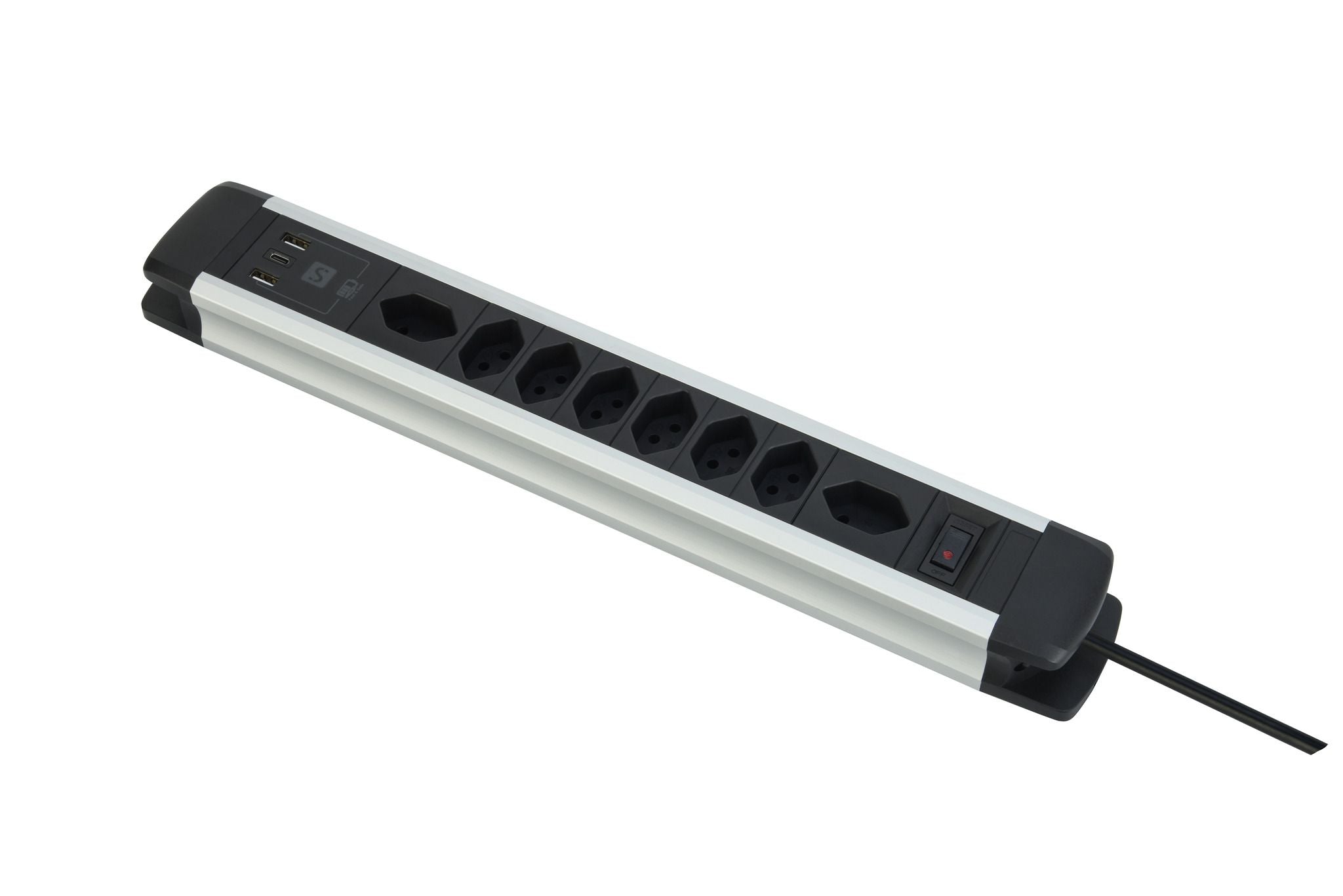 M. Schönenberger Tischsteckdosenleiste, 8×T13, 1×USB-C PD 20 W + 2×USB-A, 2 m, Aluminium, mit Schalter – Schwarz
