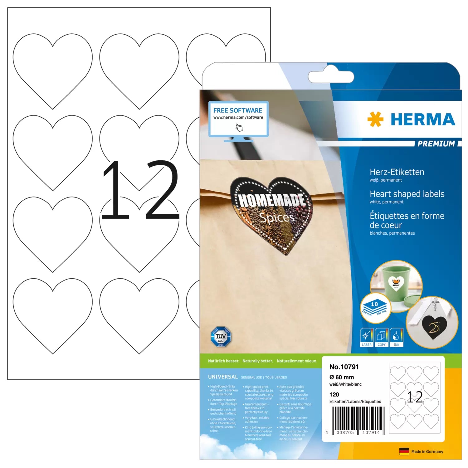 HERMA 10791 – Etiketten A4 Ø 60 mm – Papier, weiss – permanent haftend – Laser/Inkjet – 12 pro Blatt, 10 Blätter