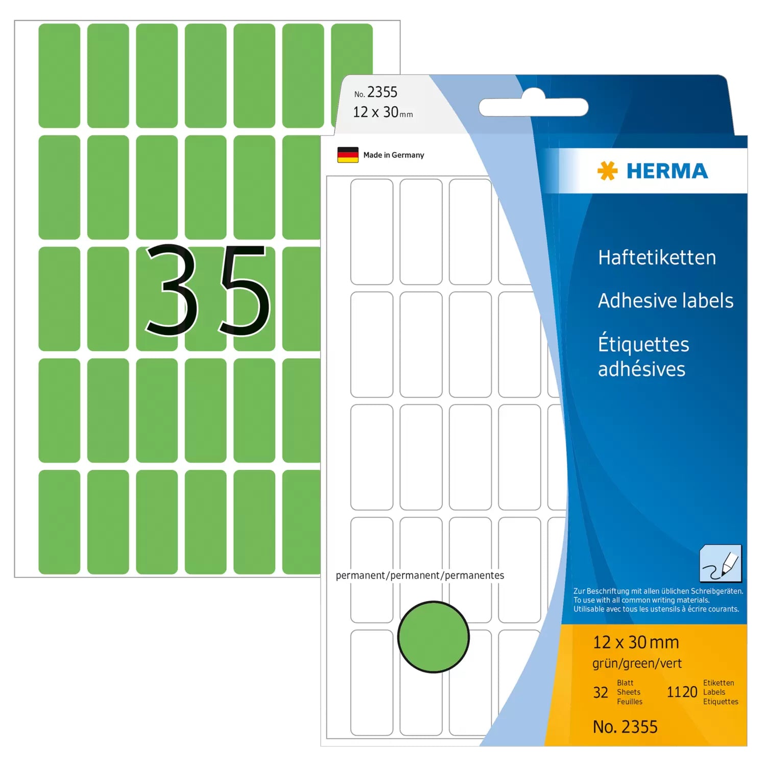 HERMA Schuletiketten – 12×30 mm, Abgerundete Ecken, 1120 Stk, 32 Bogen, Papier, Permanent Haftend