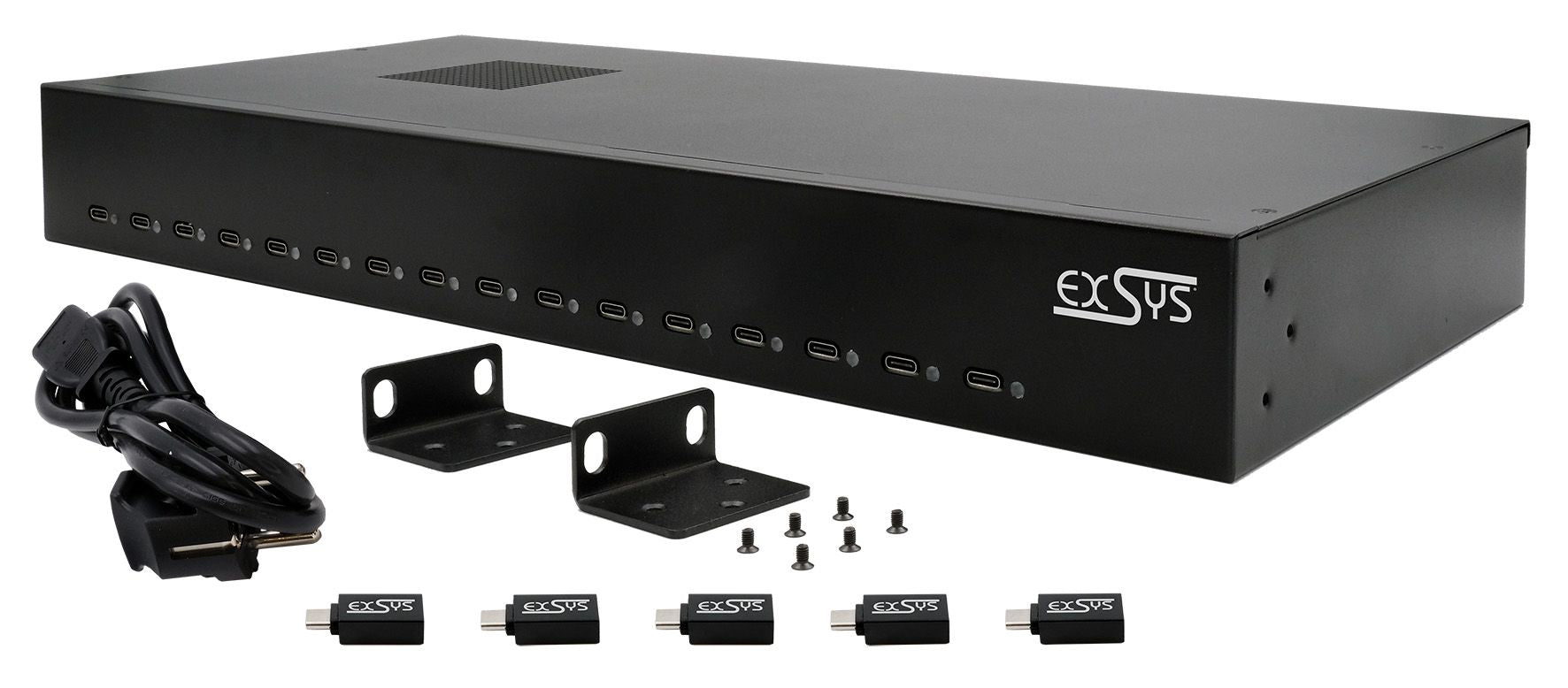 EXSYS EX-11016 USB-Desktop-Ladegerät 480 W – PD 3.0, QC 3.0 – Rack – USB-C×16 – für Android, iOS – Schwarz