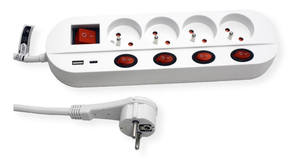 ROLINE Steckdosenleiste – 4× UTE (Typ E), USB‑A/C, 1,5 m, mit Schalter, Weiss