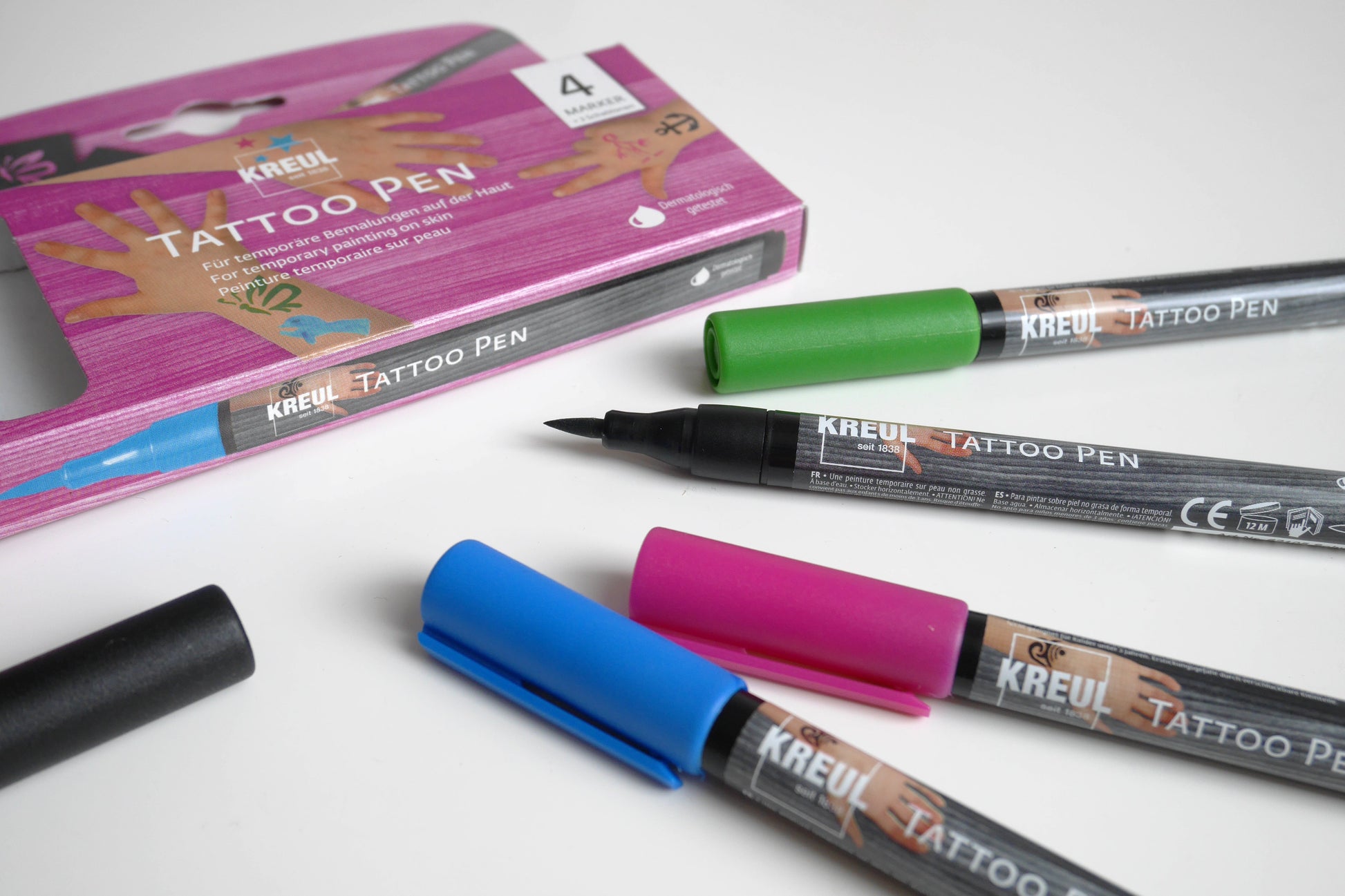 KREUL Tattoo-Marker – 4 Farben, 4er Set, auswaschbar, schnelltrocknend – für temporäre Tattoos