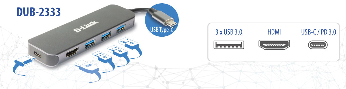 D-Link DUB-2333 Multiport-Adapter – USB-C, 1× HDMI, 3× USB-A, 60 W PD, für Windows/Mac