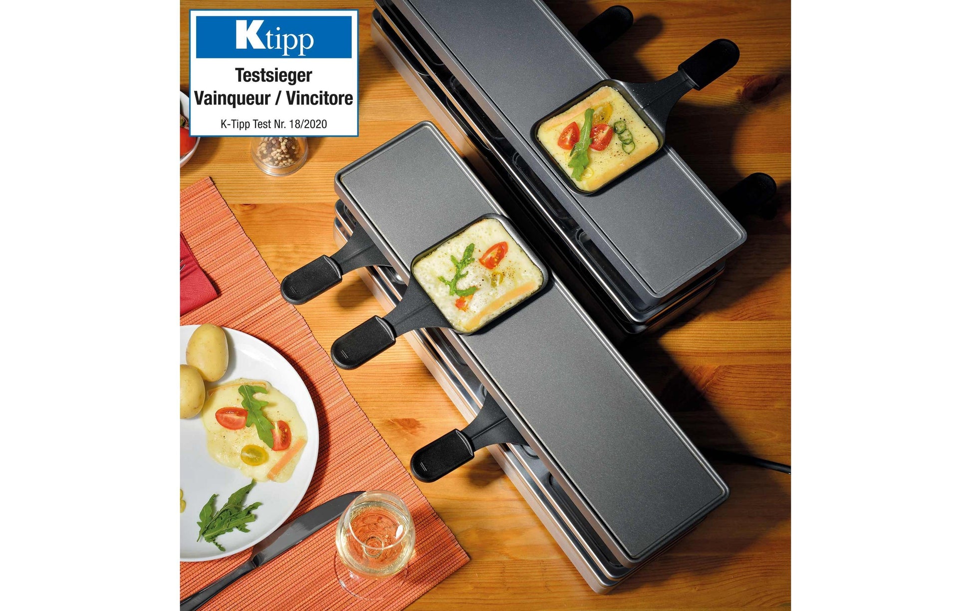 Koenig Raclette-Grill B02243 – 8 Personen, 8 Pfännchen, 795 W – schwarz/edelstahl