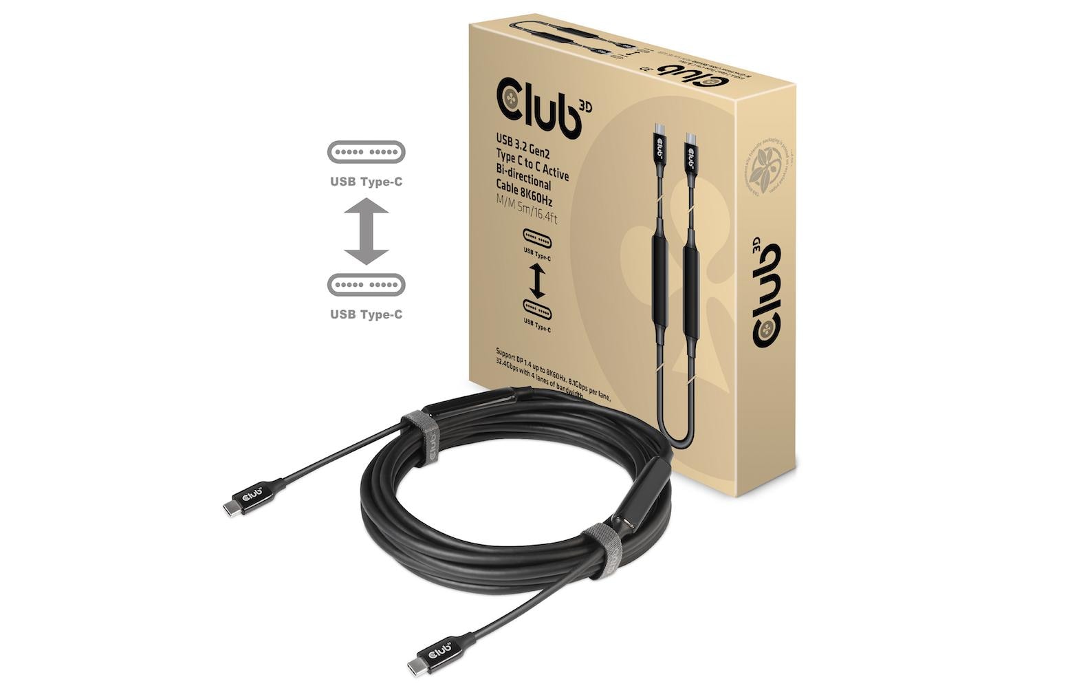 CLUB3D Club 3D – USB-C auf USB-C Kabel – USB 3.2 Gen 2 (10 Gbit/s) – 5 m – PD 60 W – 8K/60 – Aktiv – Schwarz