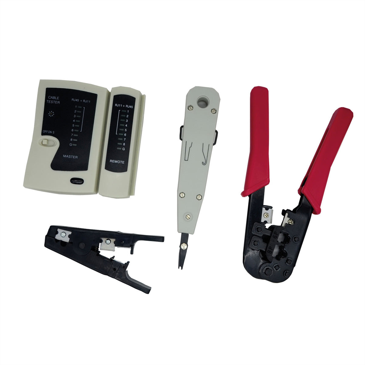 VALUE Netzwerk Werkzeug-Set – Kabeltester, Crimpzange, Abisolierer – für RJ45/RJ12/RJ11 – mit Tasche