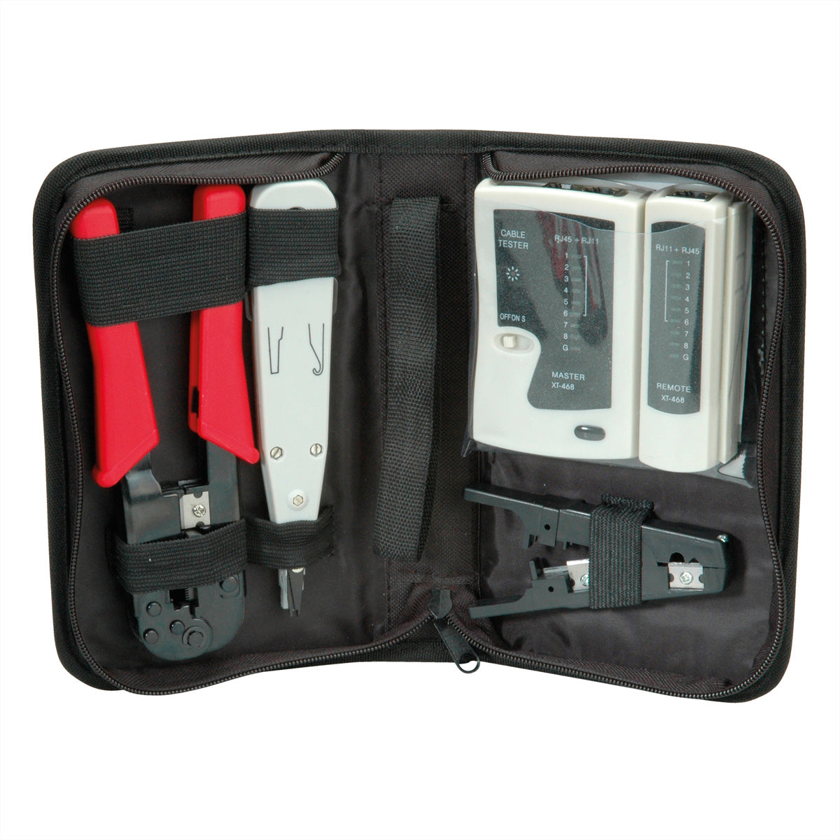 VALUE Netzwerk Werkzeug-Set – Kabeltester, Crimpzange, Abisolierer – für RJ45/RJ12/RJ11 – mit Tasche