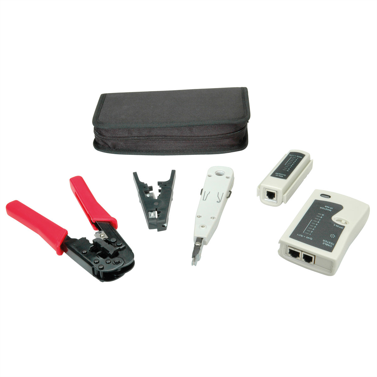 VALUE Netzwerk Werkzeug-Set – Kabeltester, Crimpzange, Abisolierer – für RJ45/RJ12/RJ11 – mit Tasche