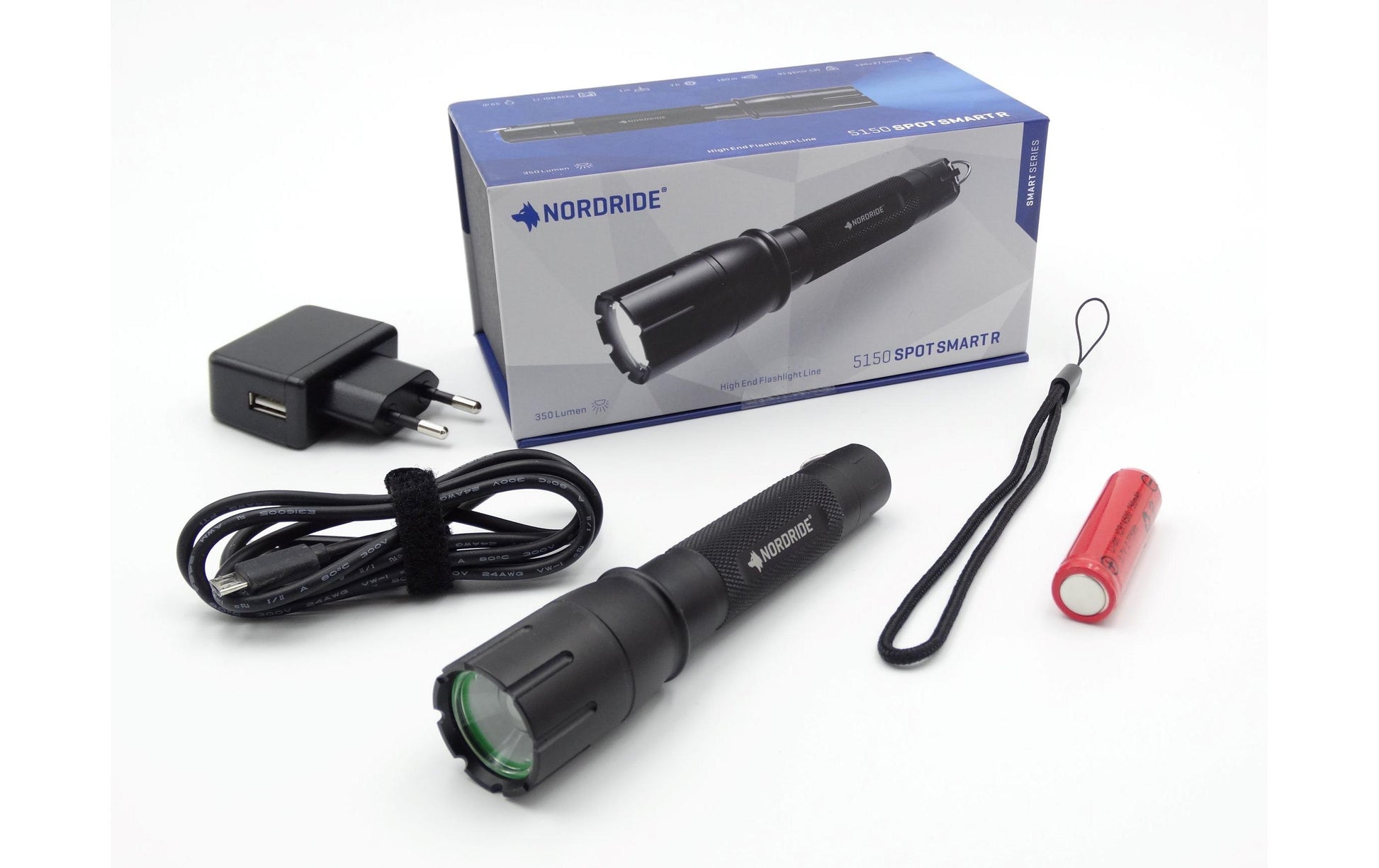 Nordride Taschenlampe SMART R – 510 lm, 180 m, IP65, USB, 2 Stufen – Schwarz