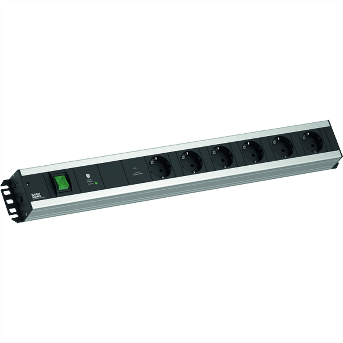 Bachmann Steckdosenleiste, 6×Schuko (Typ F), mit Schalter, Überspannungsschutz, 2 m – Schwarz/Silber