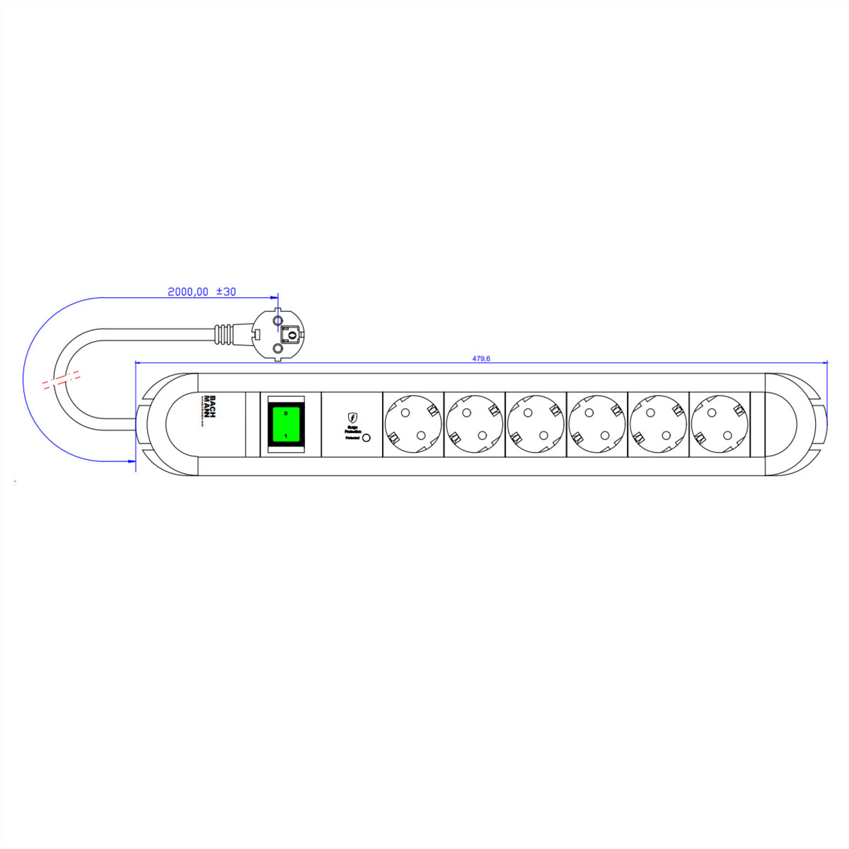 Bachmann Steckdosenleiste – 6×Schuko (Typ E/F), 2,0 m, Schalter, Überspannungsschutz