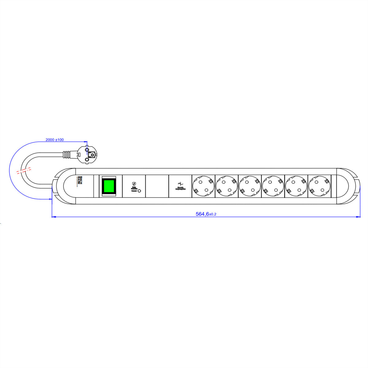 Bachmann PRIMO – Steckdosenleiste, 6× Schuko (Typ F), mit Schalter, 2 m, Stecker CEE 7/7 (Typ E/F)