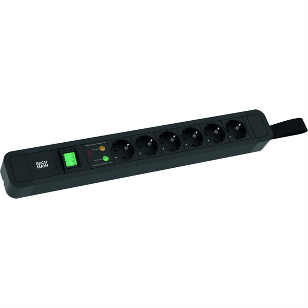 Bachmann PRIMO2 Steckdosenleiste – 6× Schuko (Typ E/F), 2 m, mit Schalter, mit Überspannungsschutz, schwarz