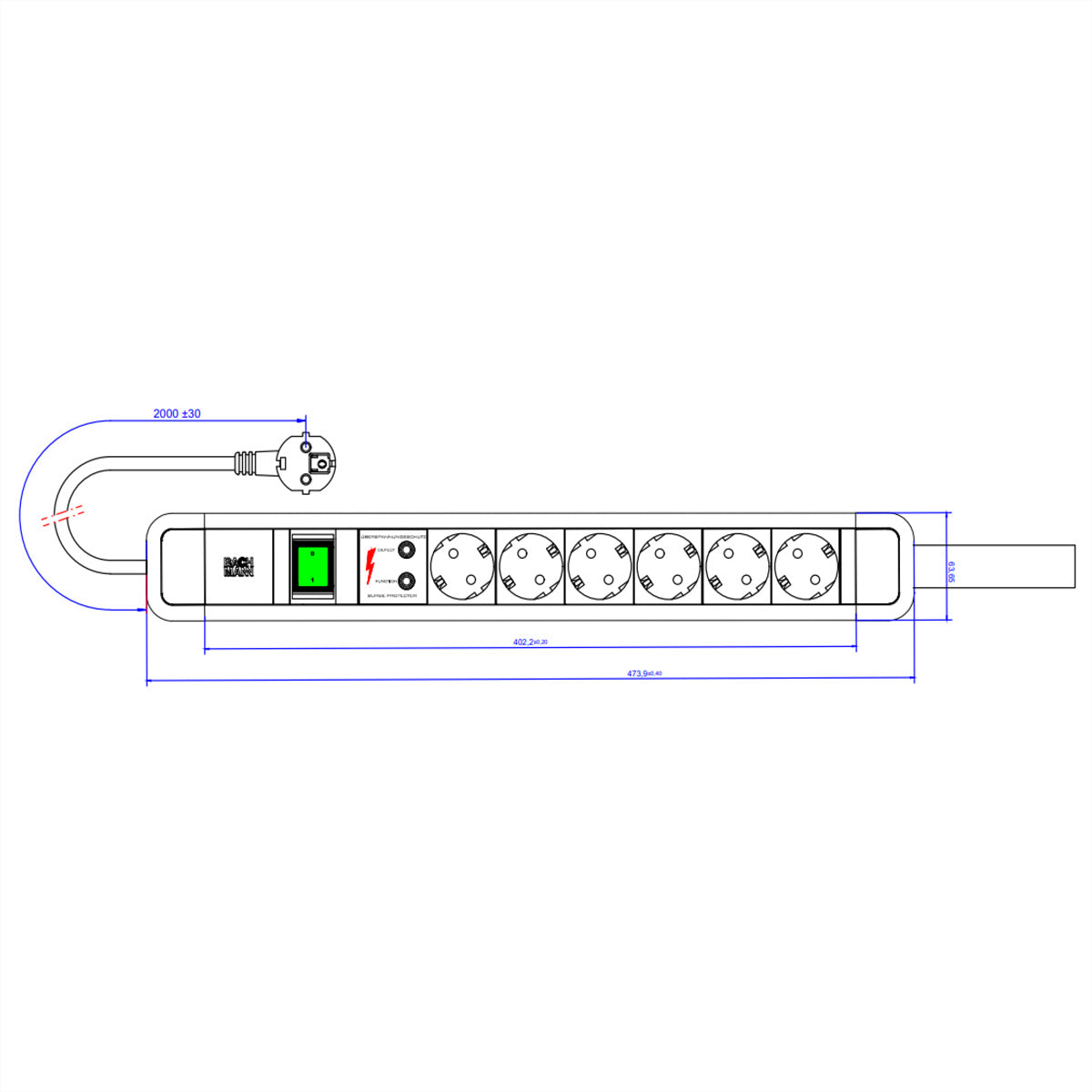Bachmann PRIMO2 Steckdosenleiste – 6× Schuko (Typ E/F), 2 m, mit Schalter, mit Überspannungsschutz, schwarz