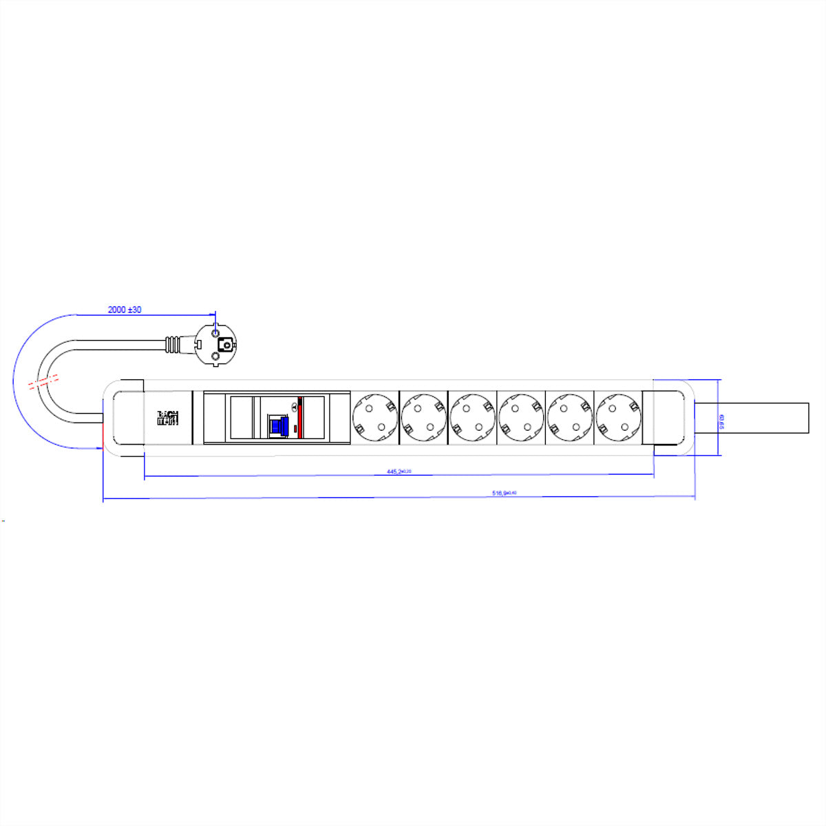 Bachmann PRIMO 2 Steckdosenleiste, 6×CEE7/3, 2 m, Eingang CEE7/7, 1×FI, mit Schlaufe – Schwarz