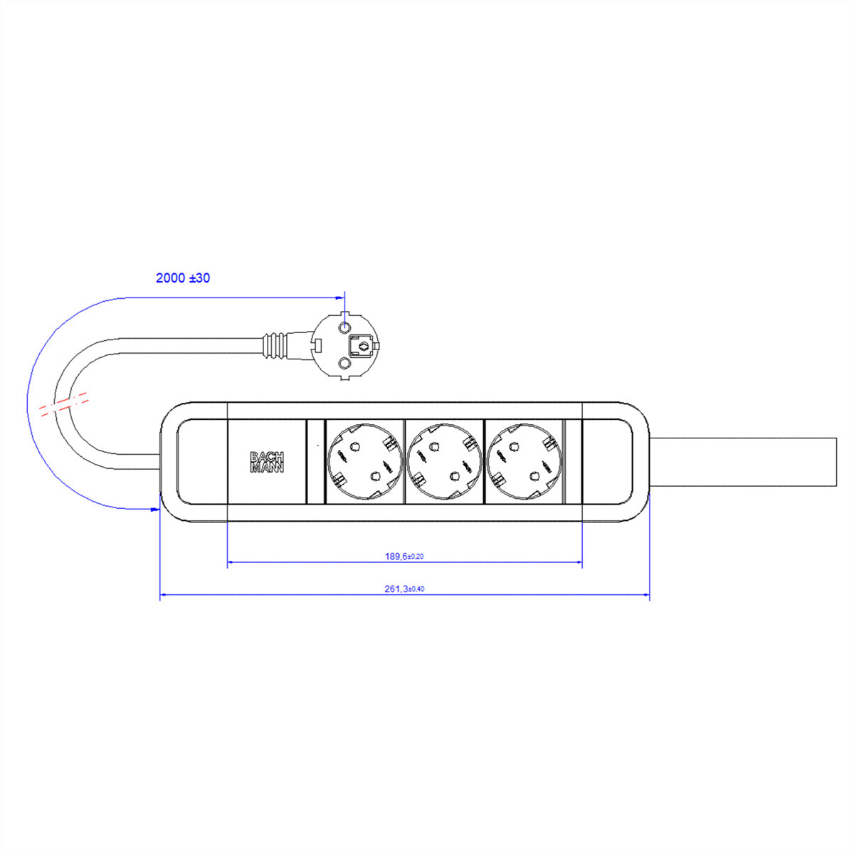 Bachmann PRIMO 2 Steckdosenleiste, 3×T13, 2 m, Eingang CEE 7/7, Aluminiumprofil, Aufhängeschlaufe – Schwarz