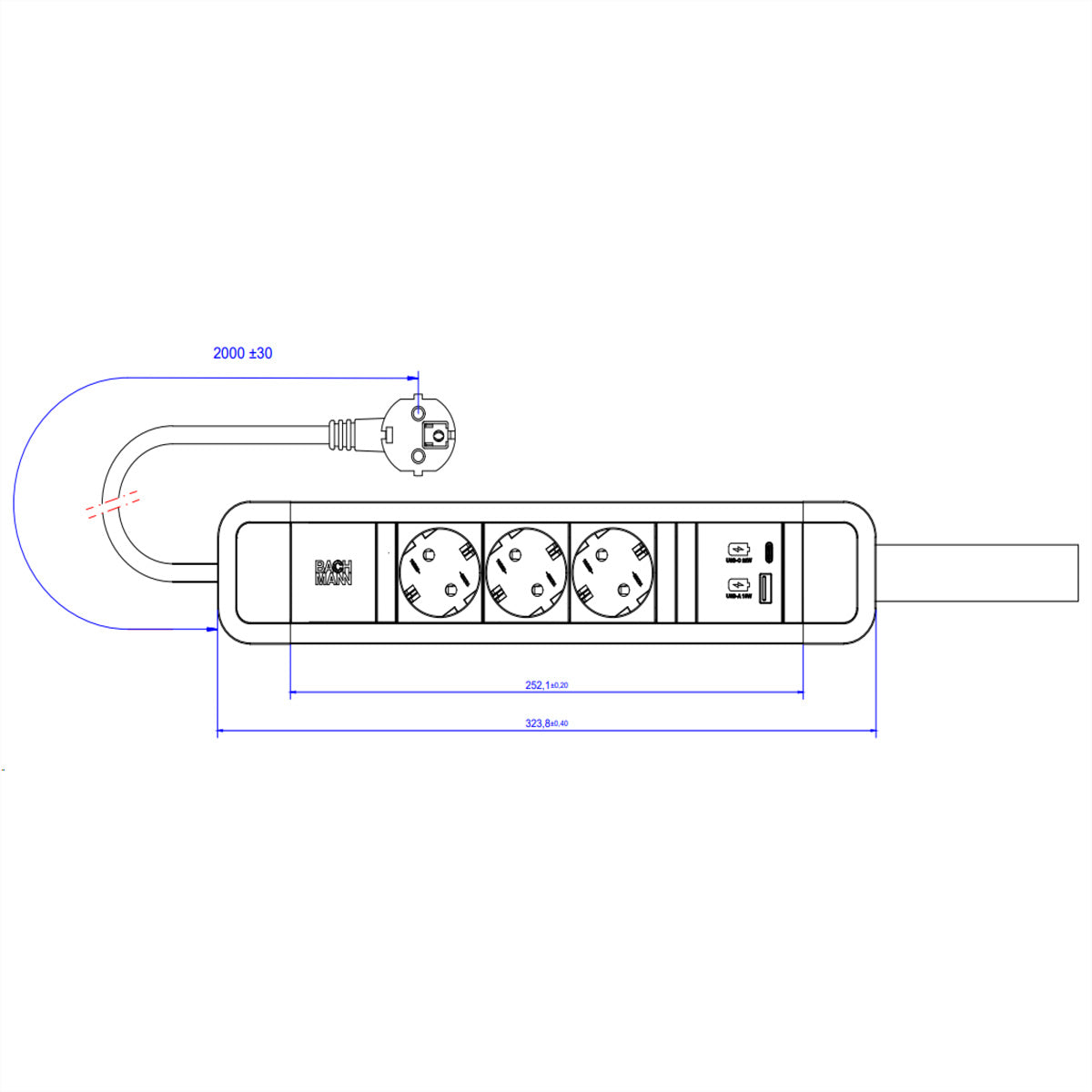 Bachmann PRIMO 2 Steckdosenleiste, 3×T13, 1×USB‑A + 1×USB‑C (22 W), ohne Schalter, 2 m – schwarz