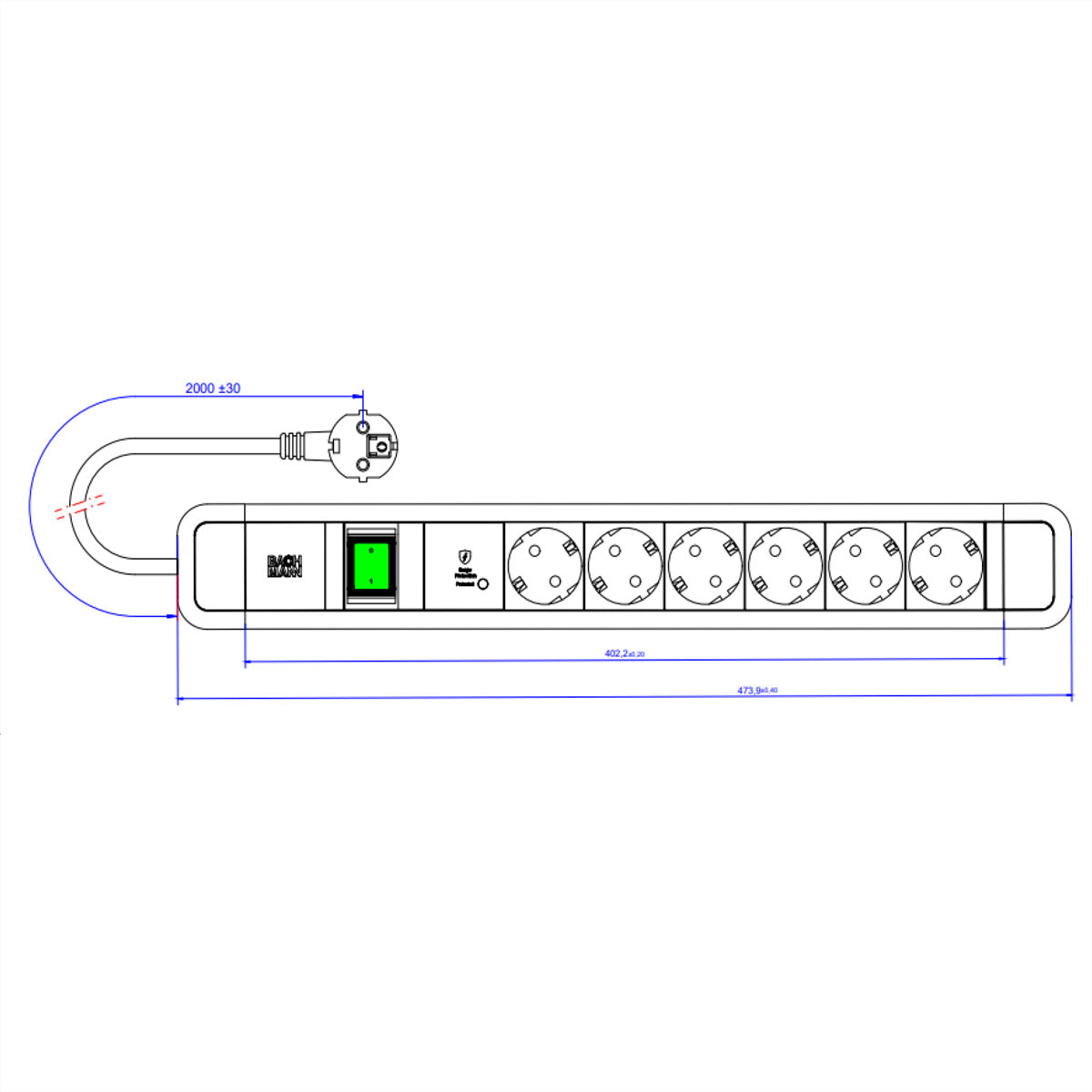 Bachmann Steckdosenleiste – 6×Schuko (Typ E/F), 2 m, Schalter, Überspannungsschutz