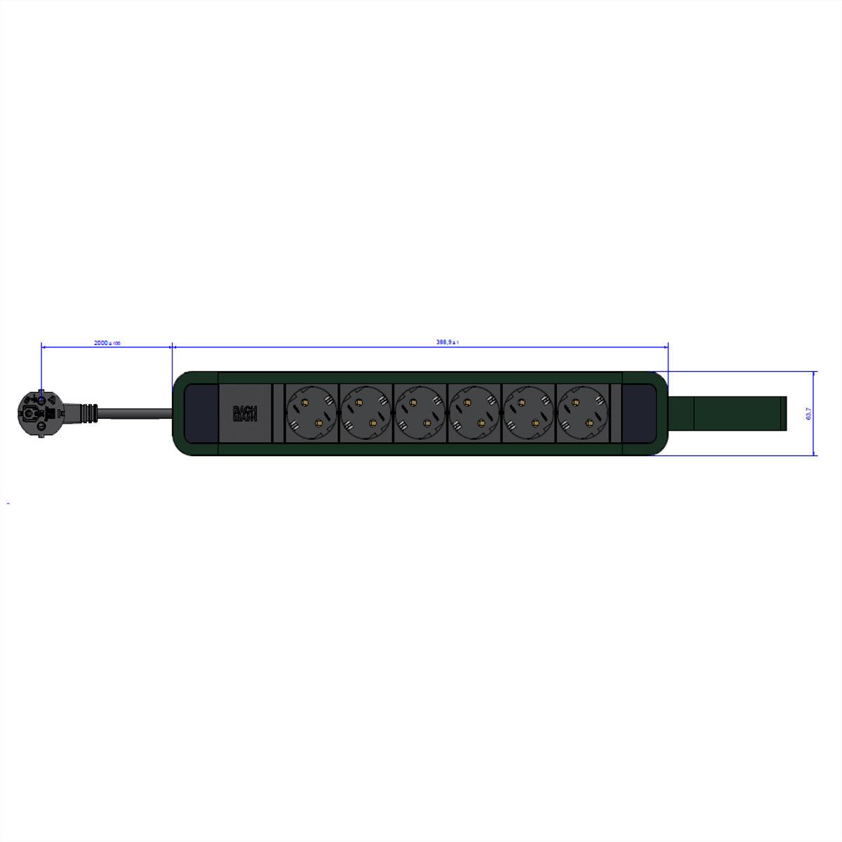 Bachmann PRIMO 2 Steckdosenleiste – 6× Schuko (Typ E/F), 2 m, ohne Schalter, grün
