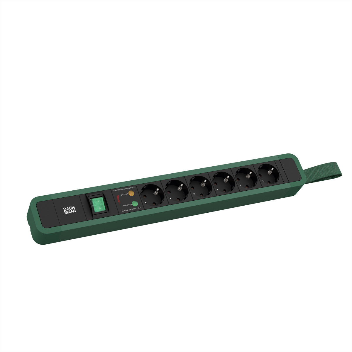 Bachmann PRIMO 2 Steckdosenleiste, 6×T13, mit Schalter, 2 m, Eingang Schutzkontakt-Winkelstecker – grün