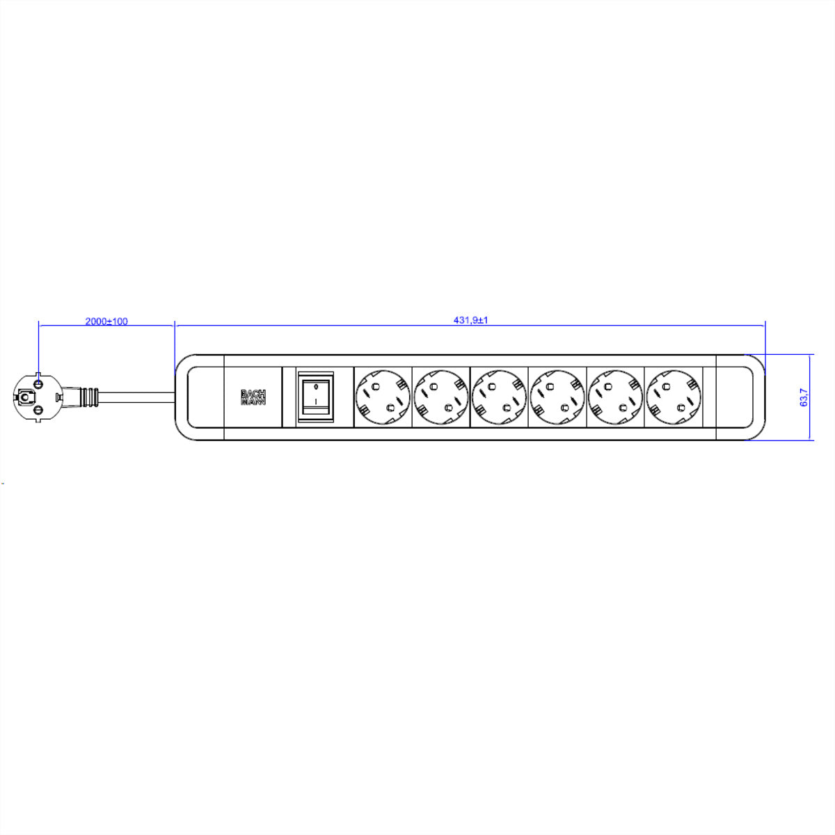 Bachmann PRIMO 2 Steckdosenleiste, 6×T13, mit Schalter, 2 m – Blau