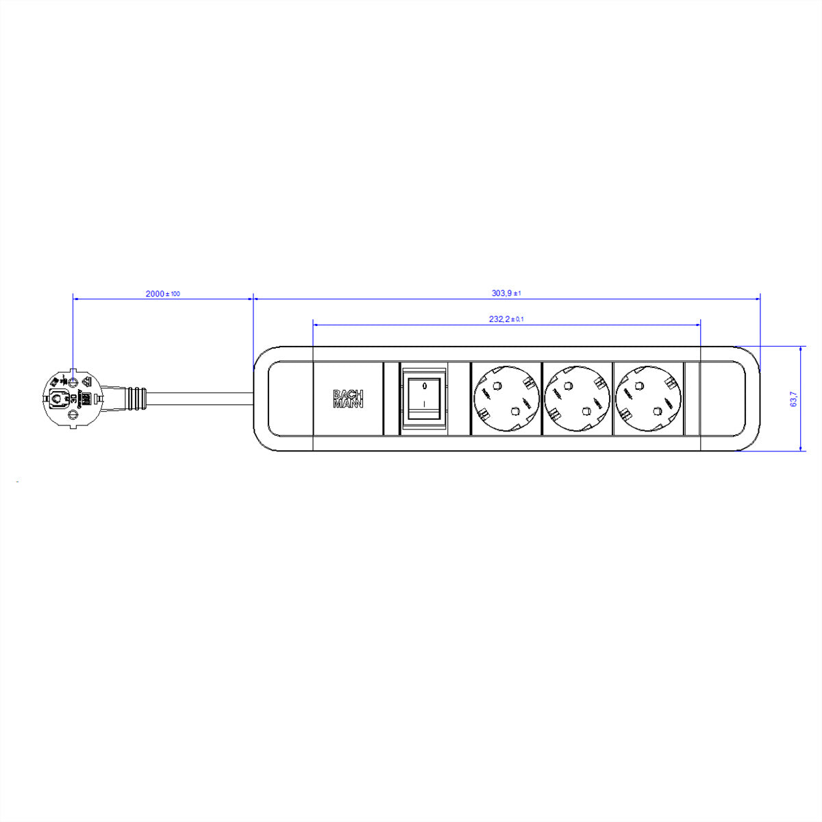Bachmann PRIMO 2 Steckdosenleiste, 3×Schuko (Typ F), mit beleuchtetem Schalter, 2 m, Aluminiumgehäuse – blau