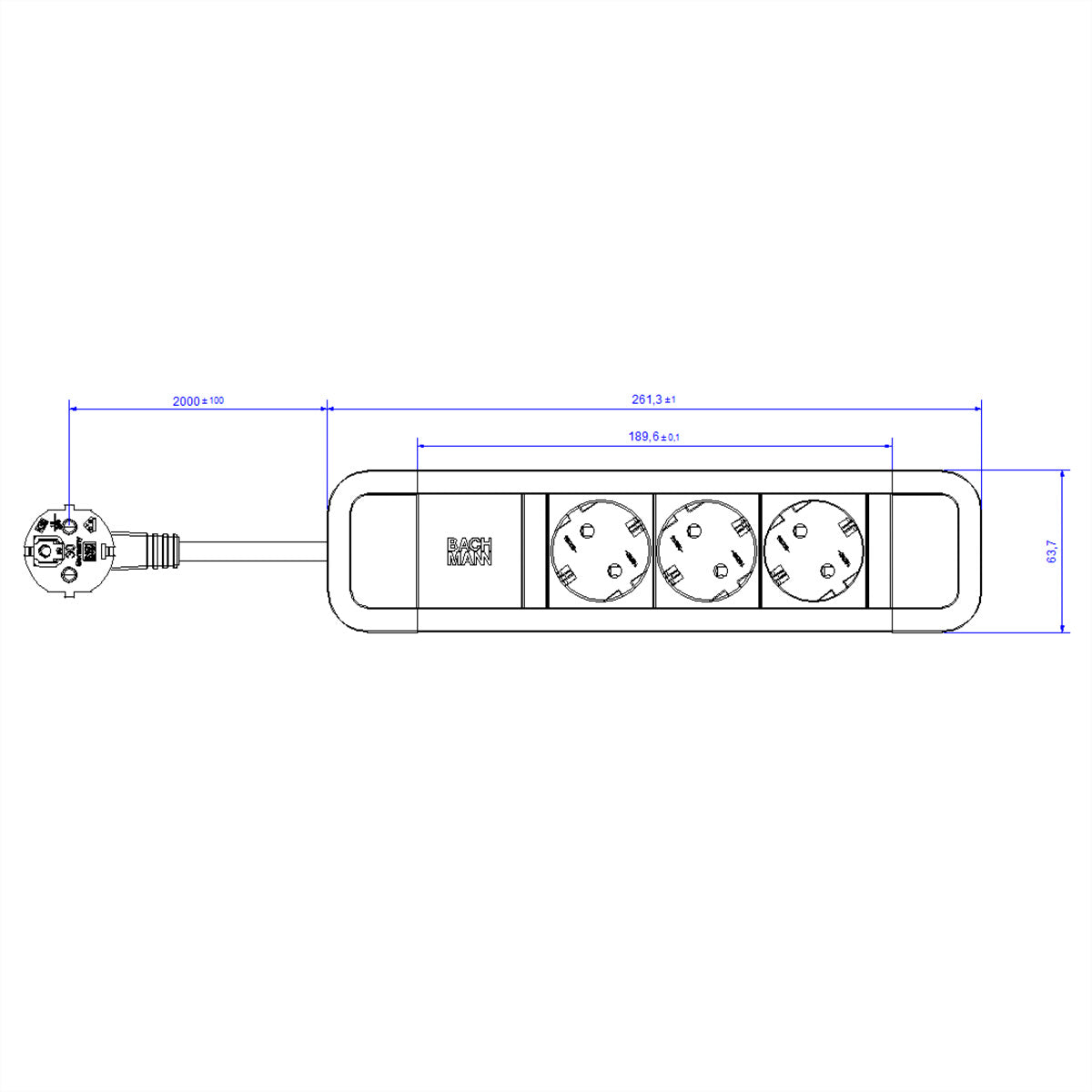 Bachmann Steckdosenleiste, 3×T13, mit beleuchtetem Schalter, 2 m, Eingang CEE7/7 – blau