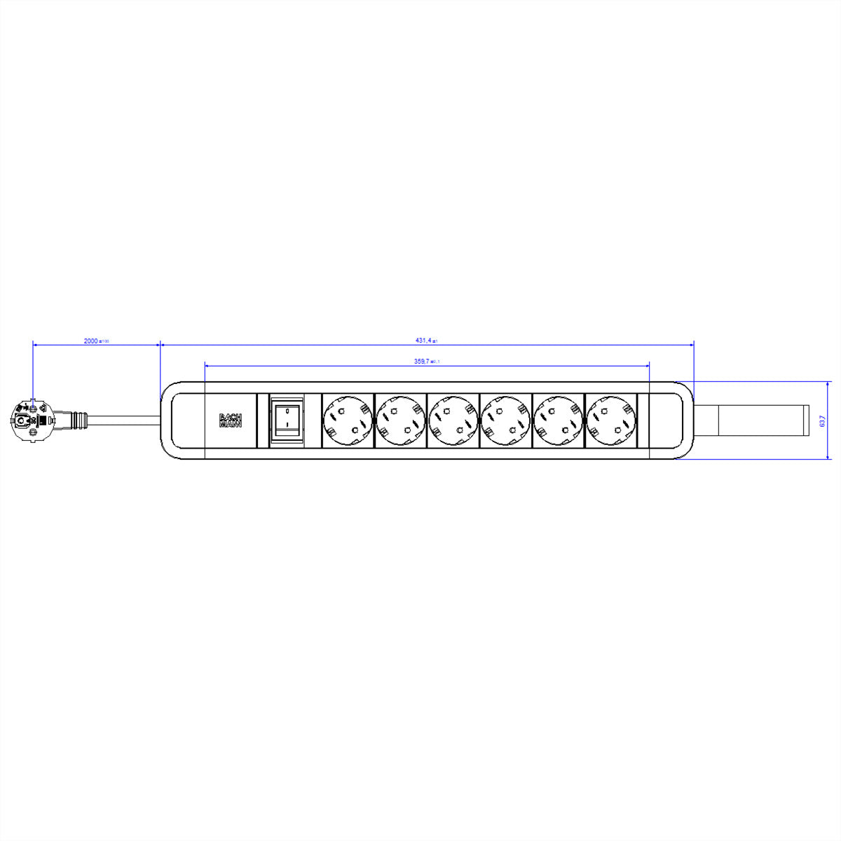 Bachmann PRIMO 2 – Steckdosenleiste, 6× Schuko (Typ F), mit Schalter, 2 m, Stecker CEE 7/7