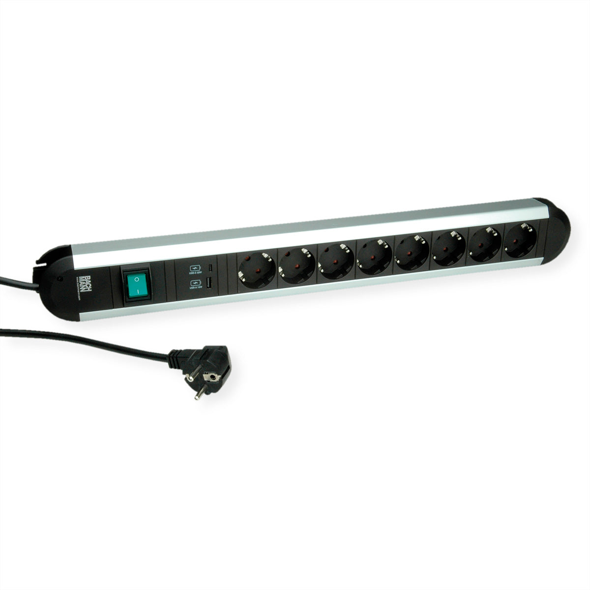 Bachmann PRIMO – Steckdosenleiste, 8× Schuko (Typ F), 2× USB (1× USB‑A + 1× USB‑C, 22 W), mit Schalter, 2 m, S